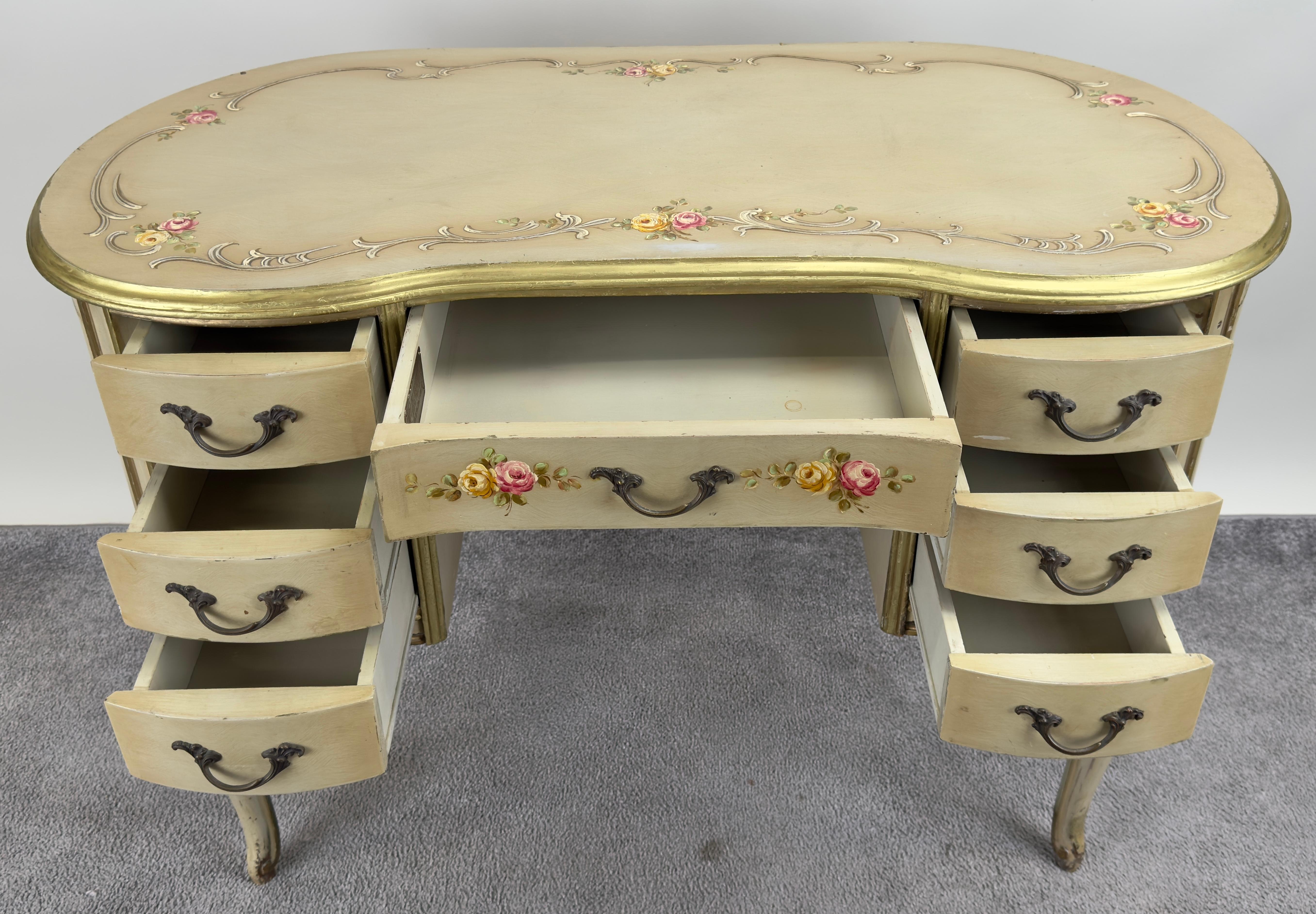 Wood French Provincial Style Kidney Shaped Lady Writing or Vanity Desk with Ottoman