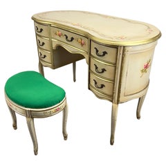 Vintage French Provincial Style Kidney Shaped Lady Writing or Vanity Desk with Ottoman