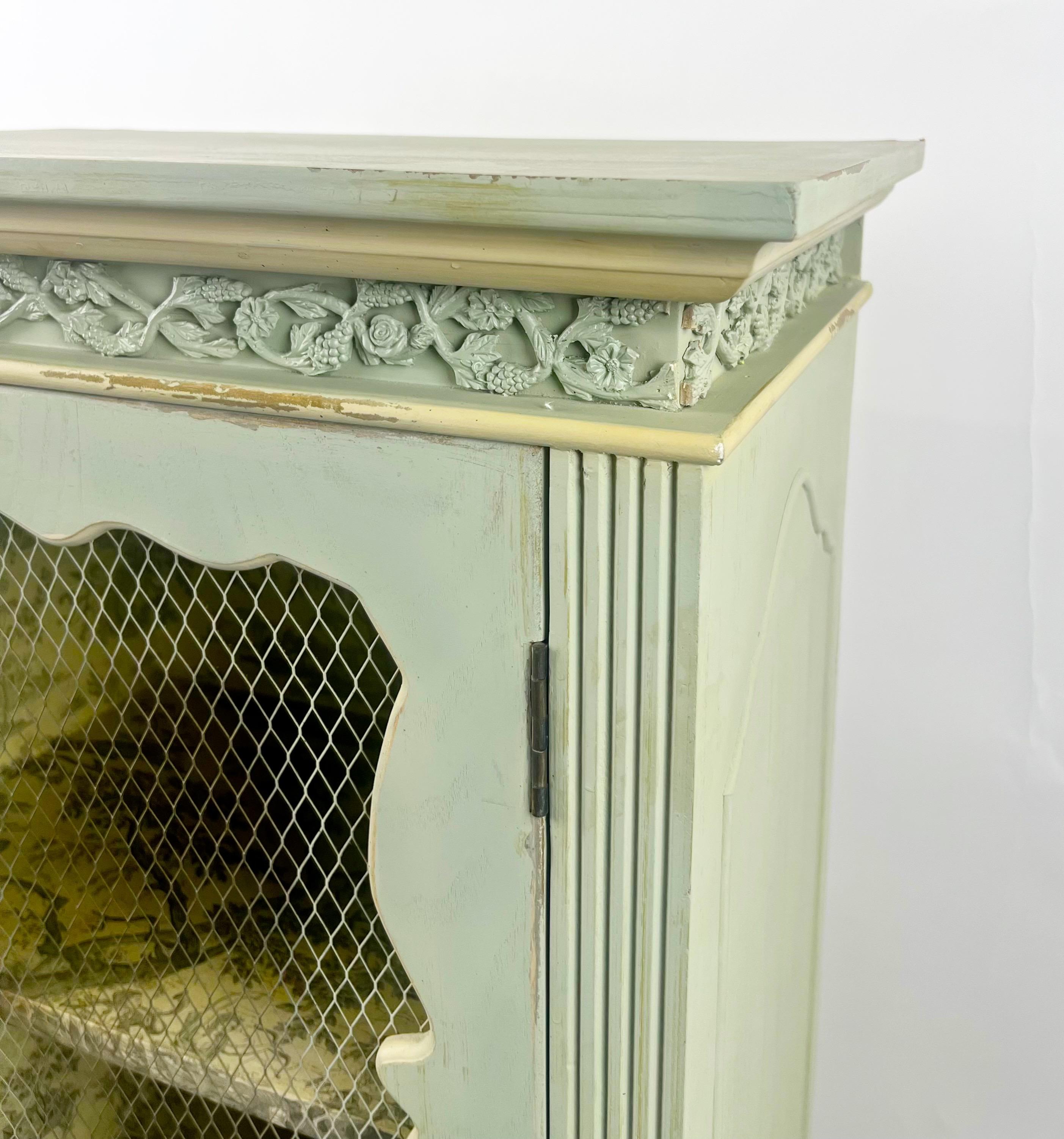 French Provincial Style Mid-Century Distressed Green Cabinet with Three Drawers For Sale 6