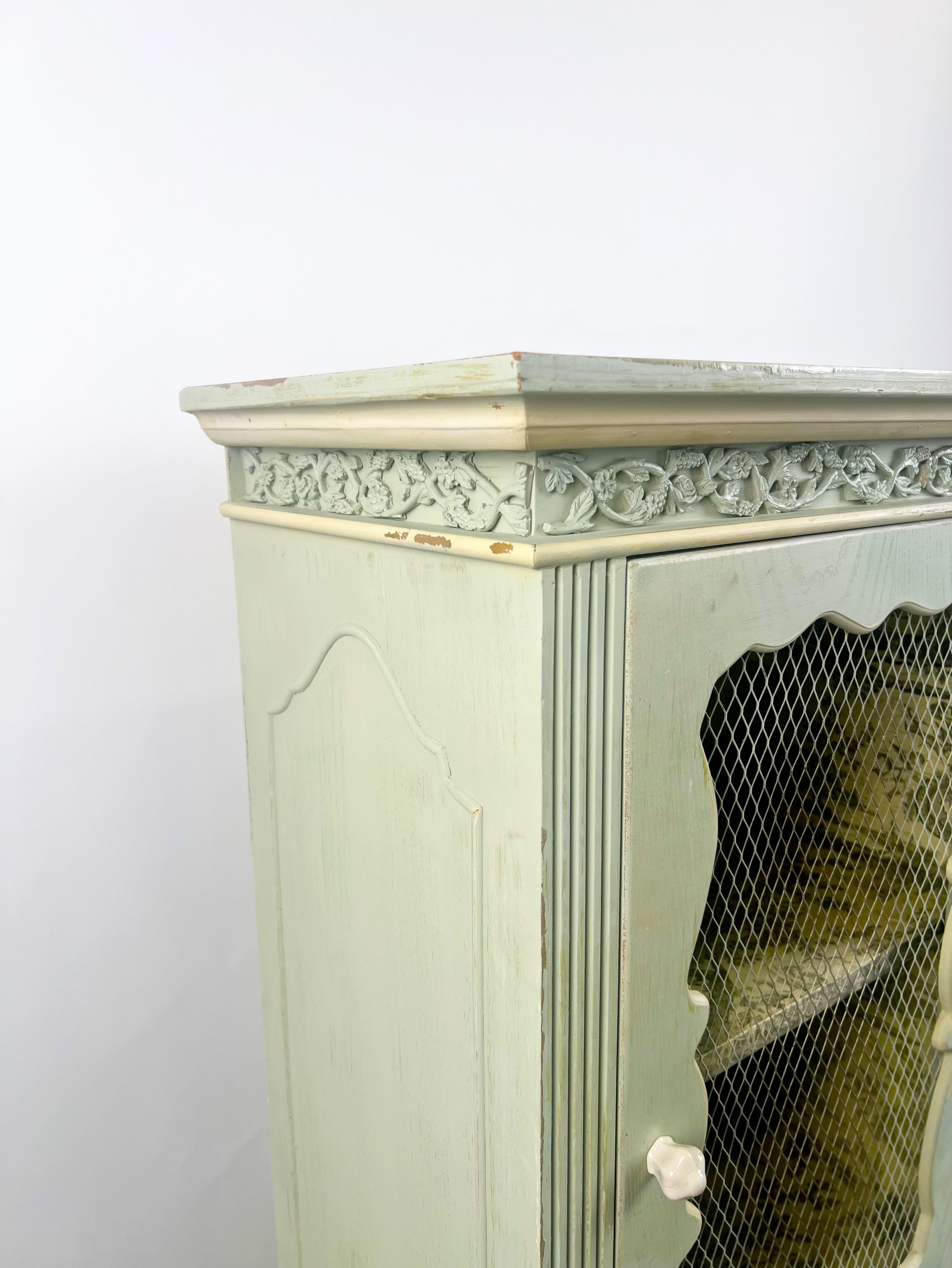 French Provincial Style Mid-Century Distressed Green Cabinet with Three Drawers For Sale 7