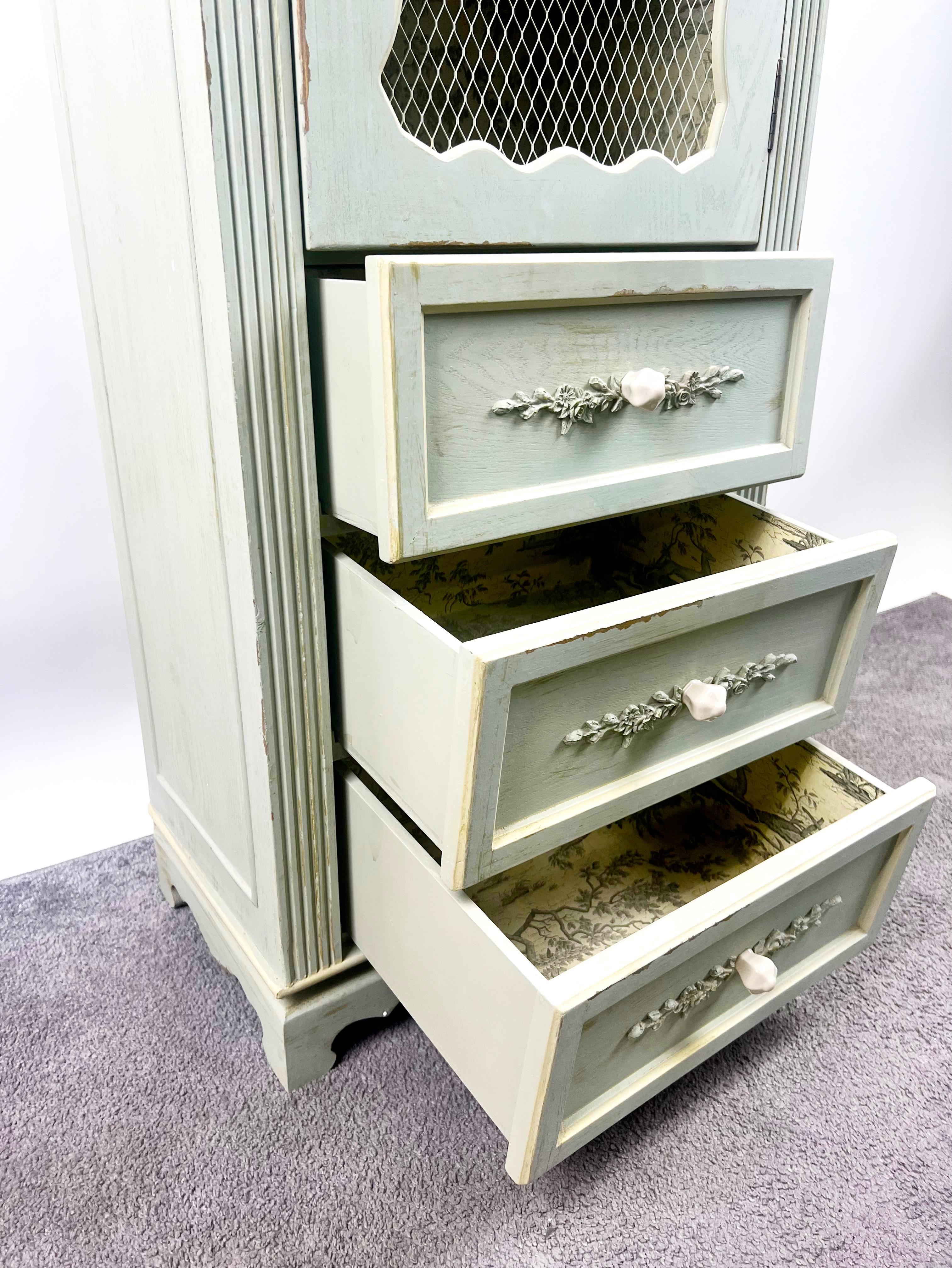 French Provincial Style Mid-Century Distressed Green Cabinet with Three Drawers For Sale 9
