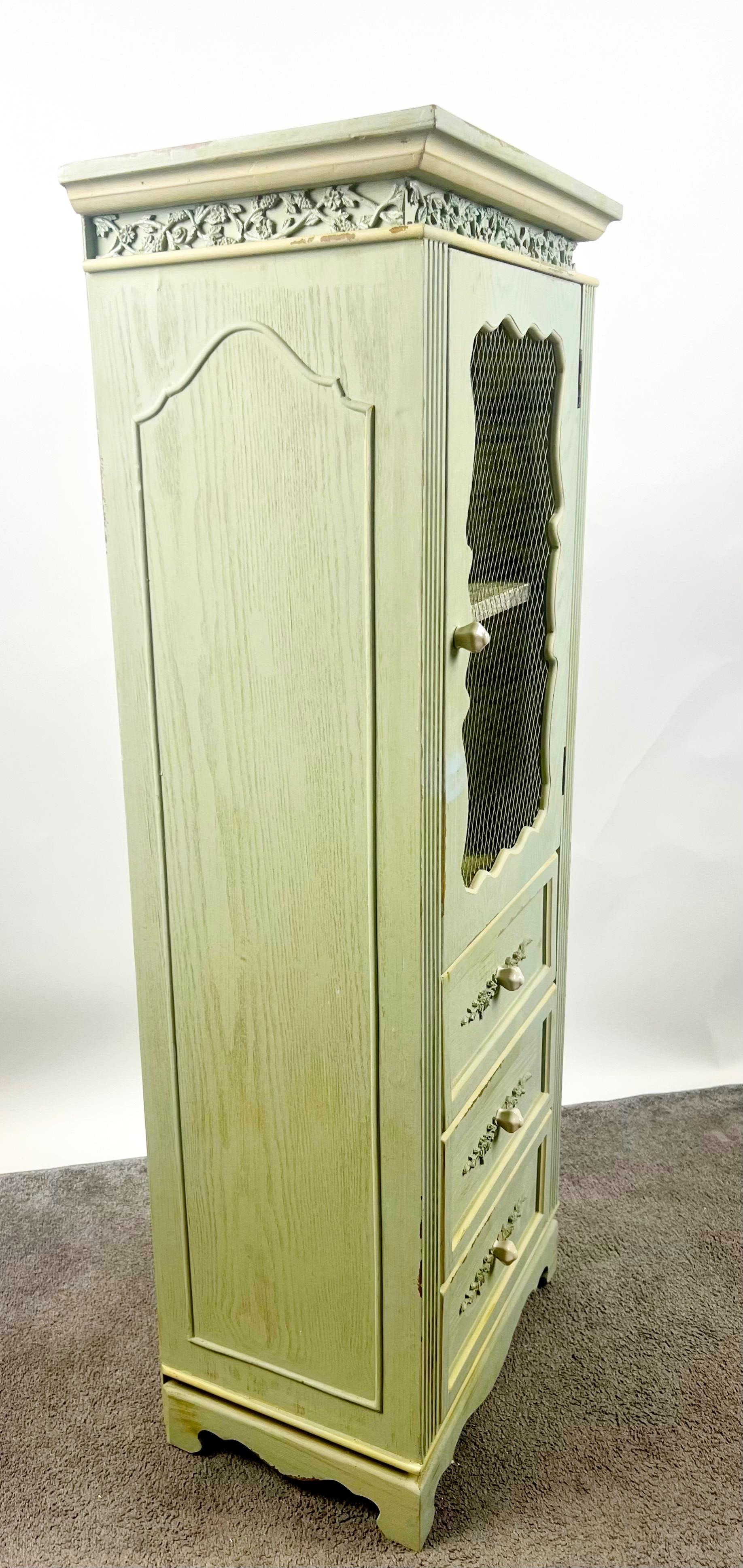 French Provincial Style Mid-Century Distressed Green Cabinet with Three Drawers For Sale 11