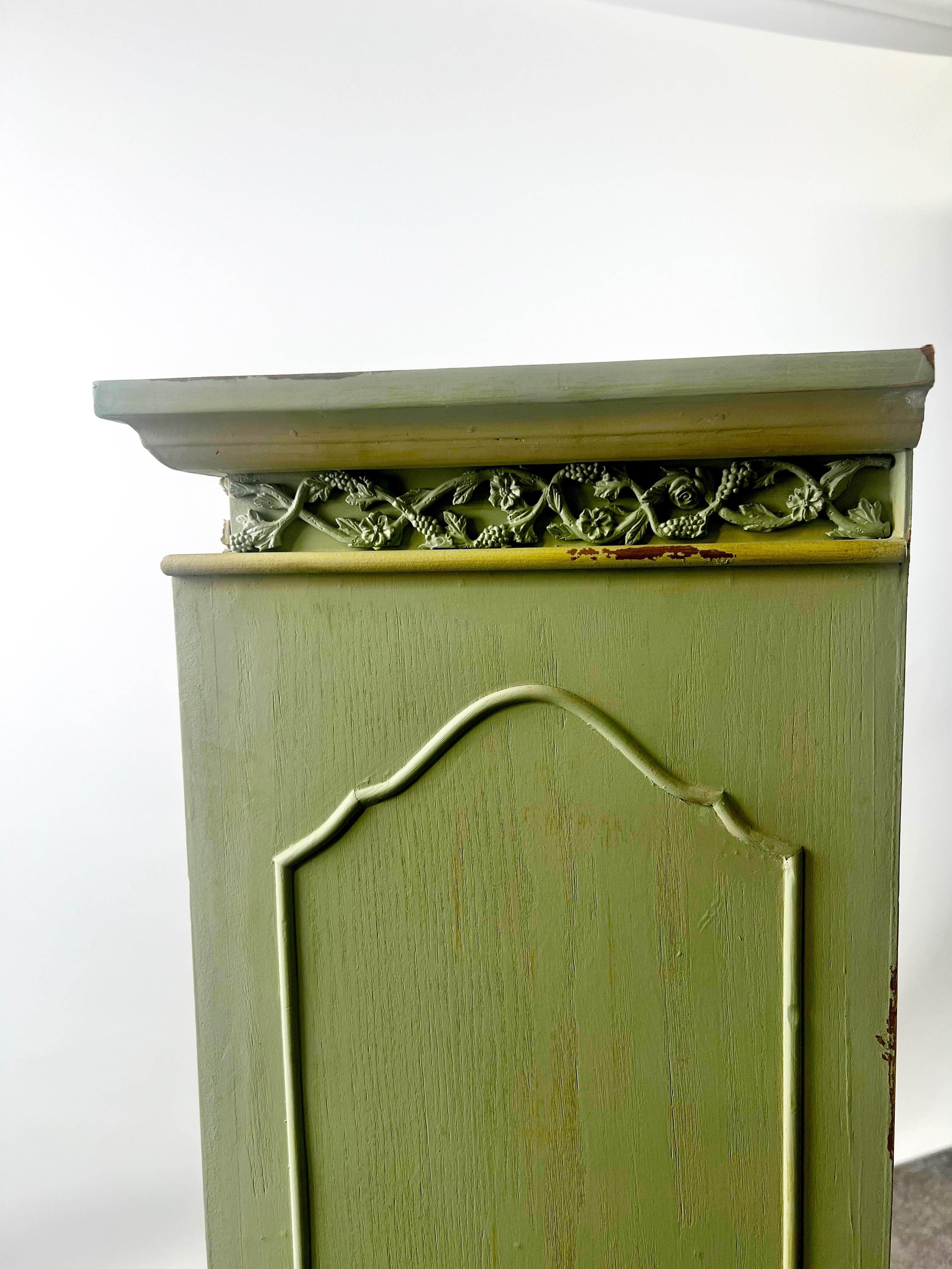 French Provincial Style Mid-Century Distressed Green Cabinet with Three Drawers For Sale 12
