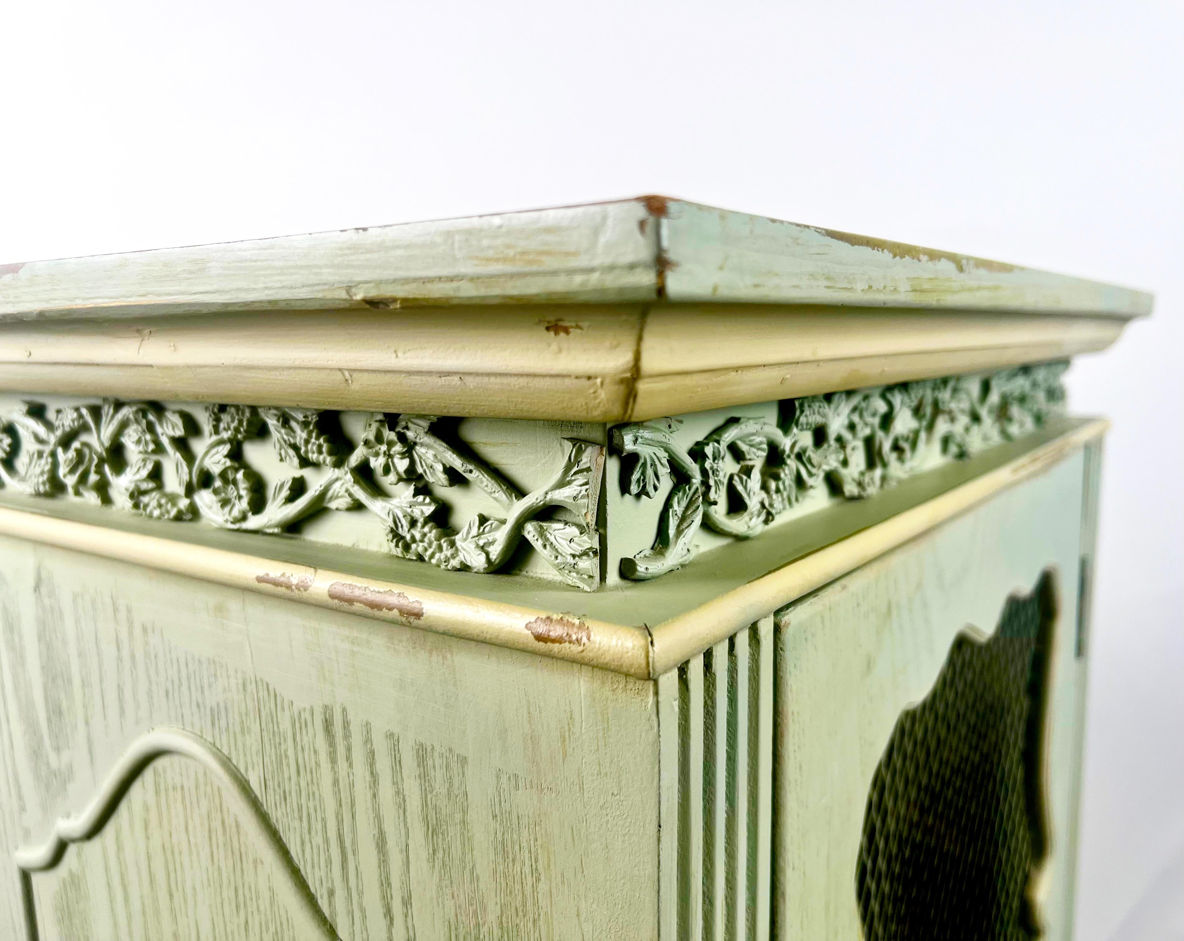 French Provincial Style Mid-Century Distressed Green Cabinet with Three Drawers For Sale 13