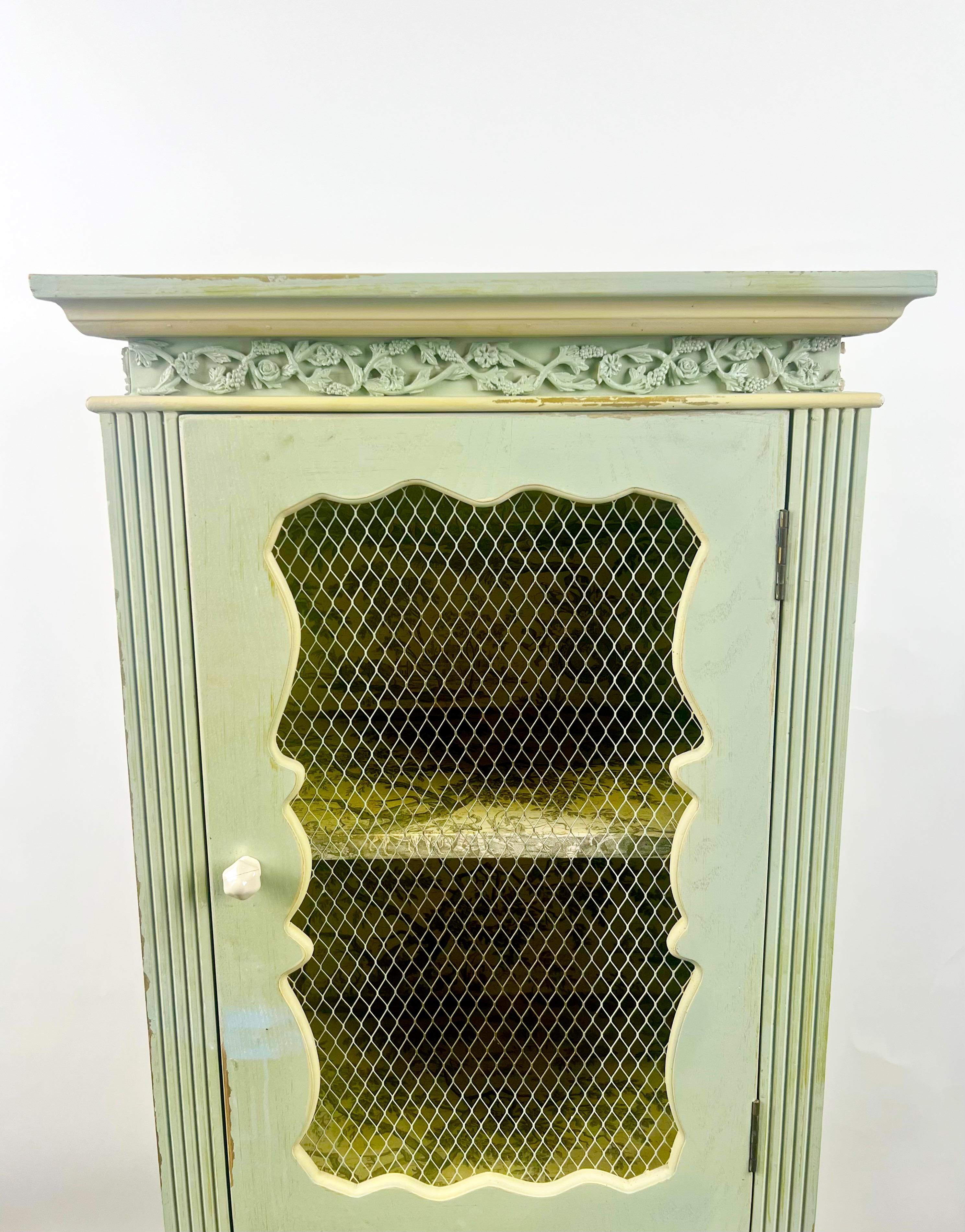 French Provincial Style Mid-Century Distressed Green Cabinet with Three Drawers In Good Condition For Sale In Plainview, NY