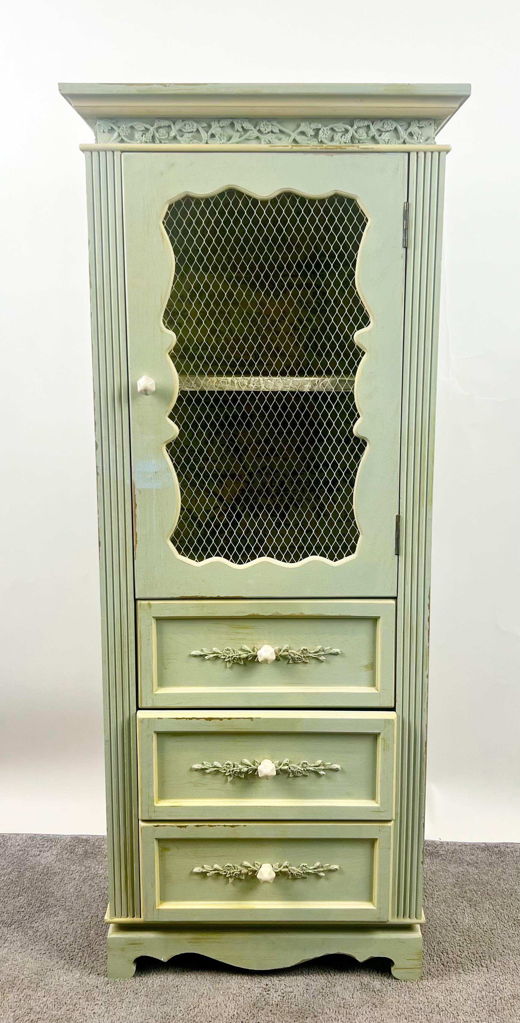 20th Century French Provincial Style Mid-Century Distressed Green Cabinet with Three Drawers For Sale