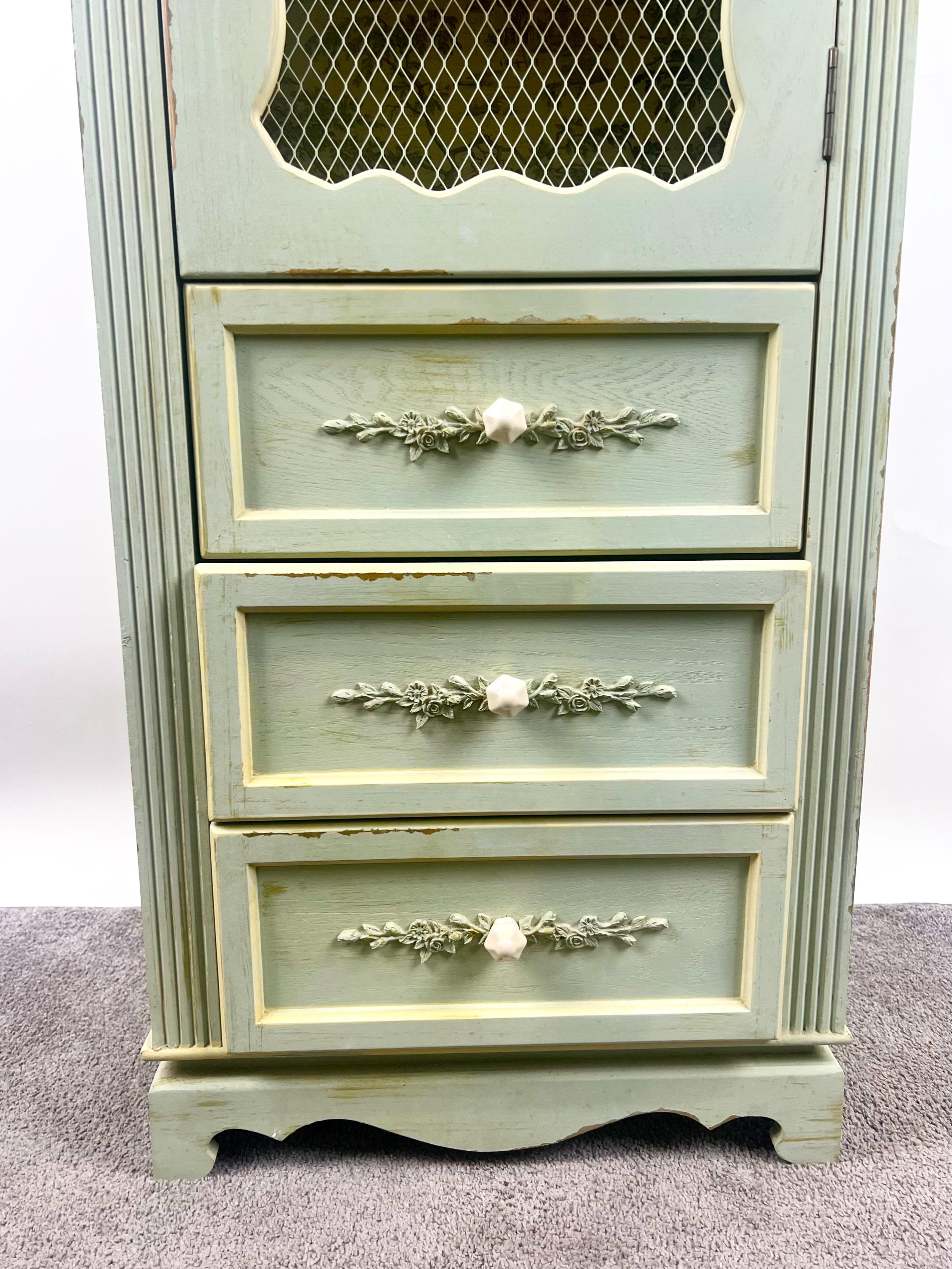 Wood French Provincial Style Mid-Century Distressed Green Cabinet with Three Drawers For Sale