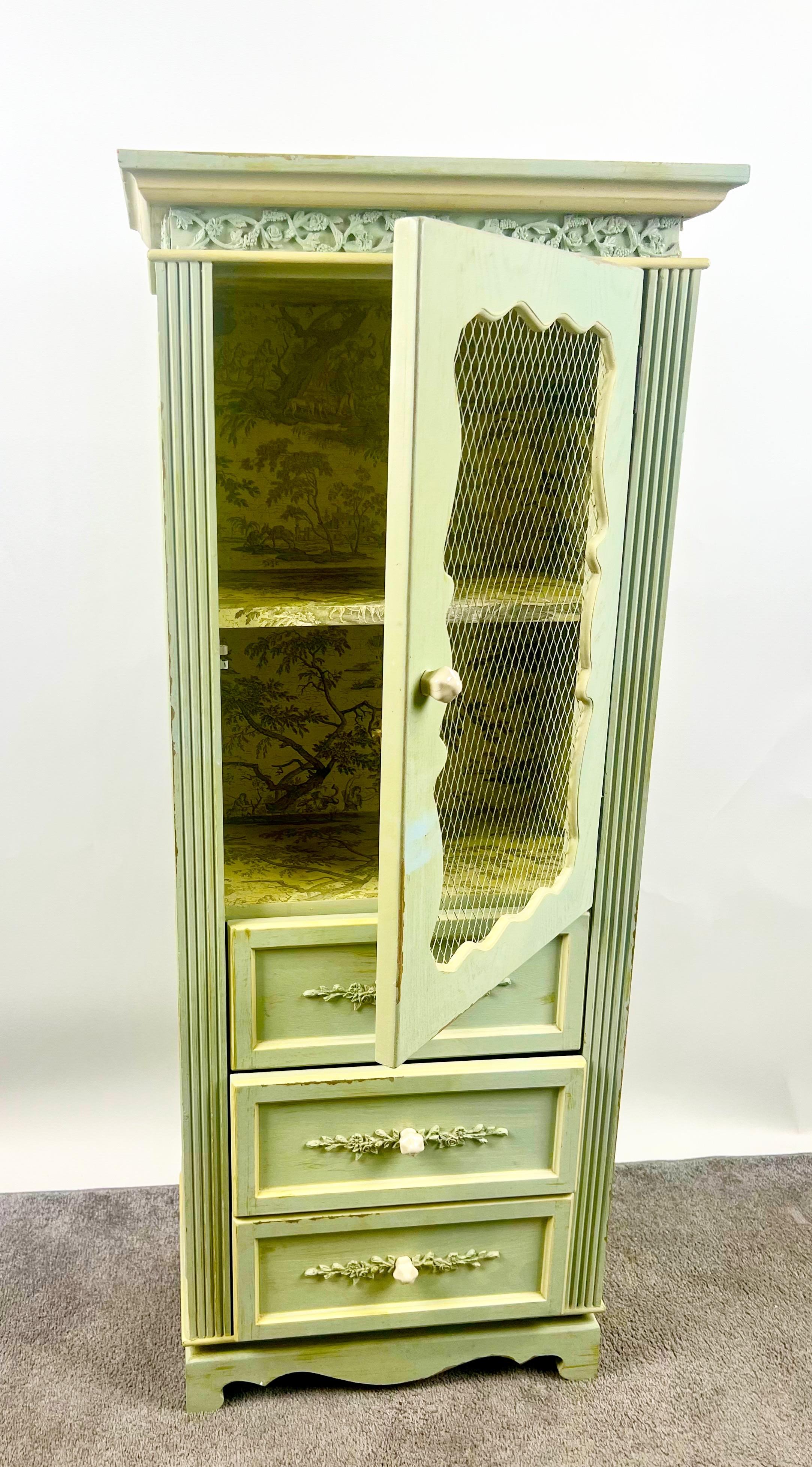 French Provincial Style Mid-Century Distressed Green Cabinet with Three Drawers For Sale 1