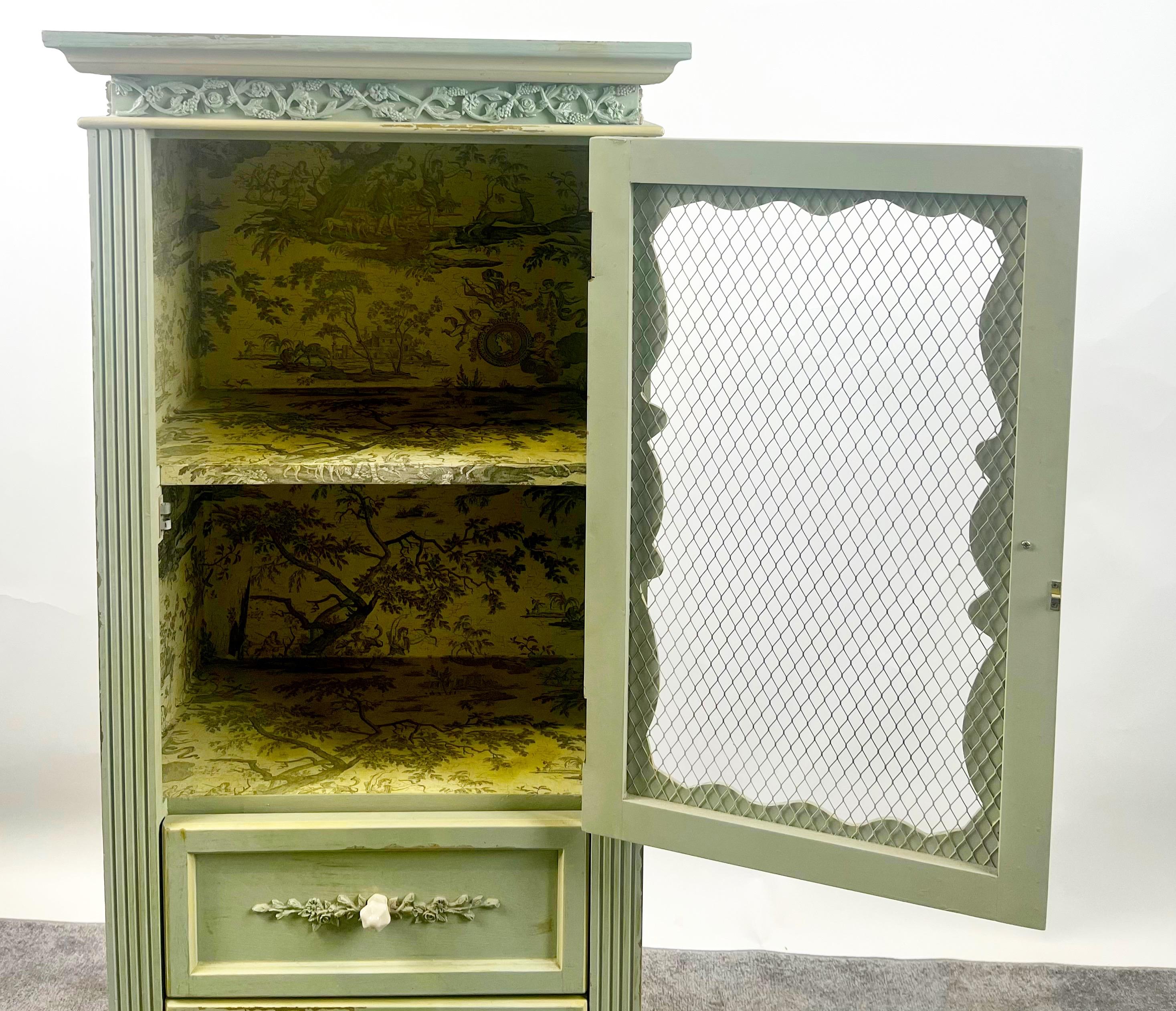 French Provincial Style Mid-Century Distressed Green Cabinet with Three Drawers For Sale 2