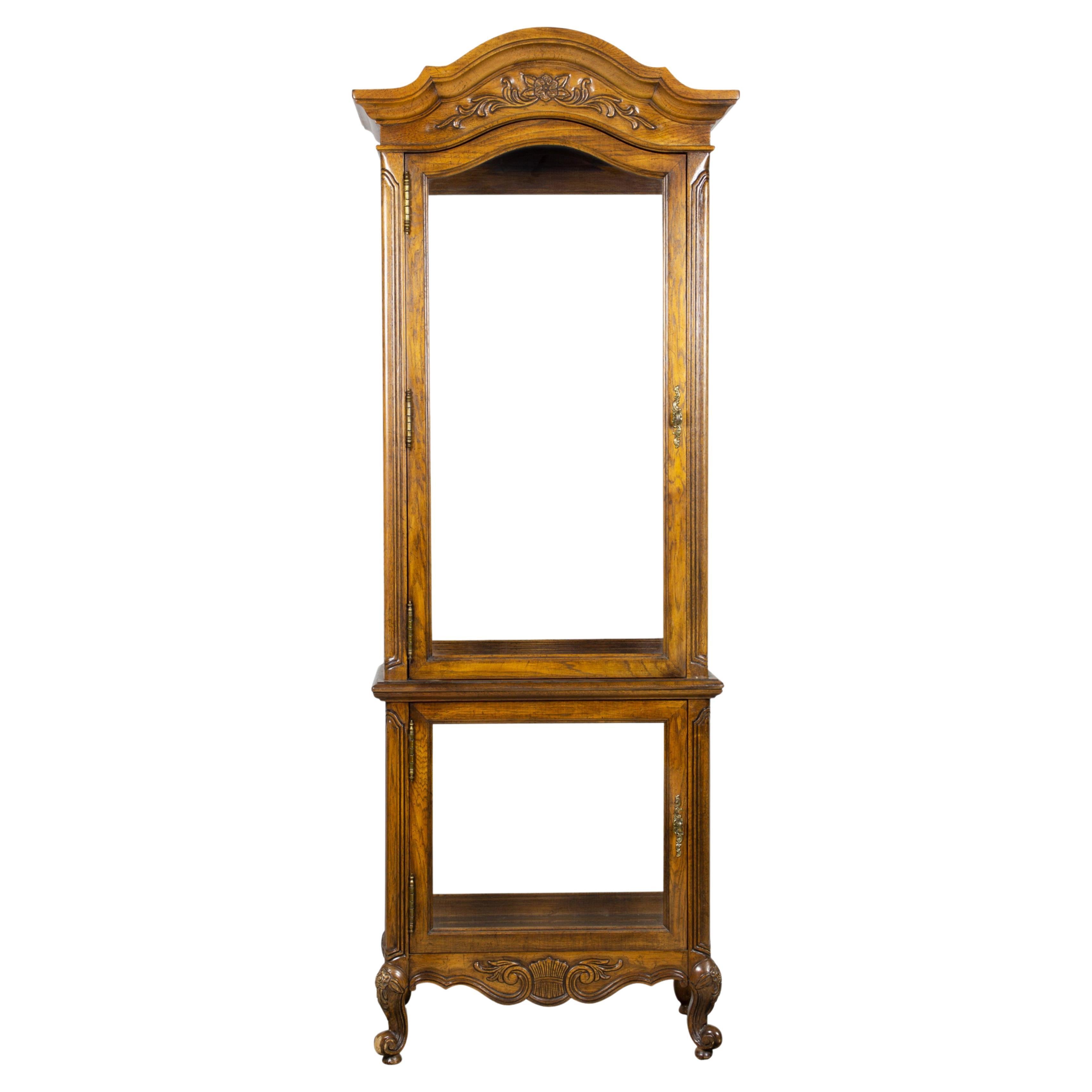 French Provincial-Style Mirrored and Electrified Carved Oak Display Cabinet For Sale