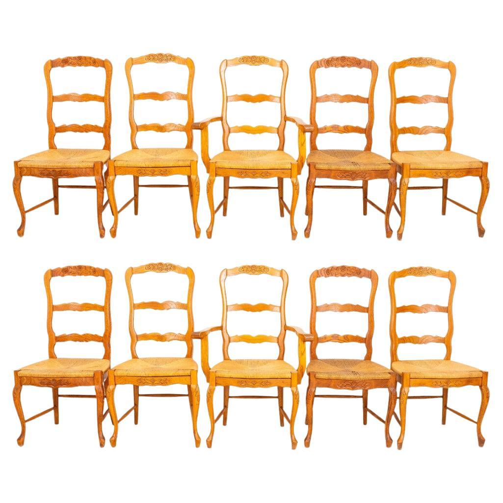 French Provincial Style Oak Dining Chairs, Set of 10 For Sale