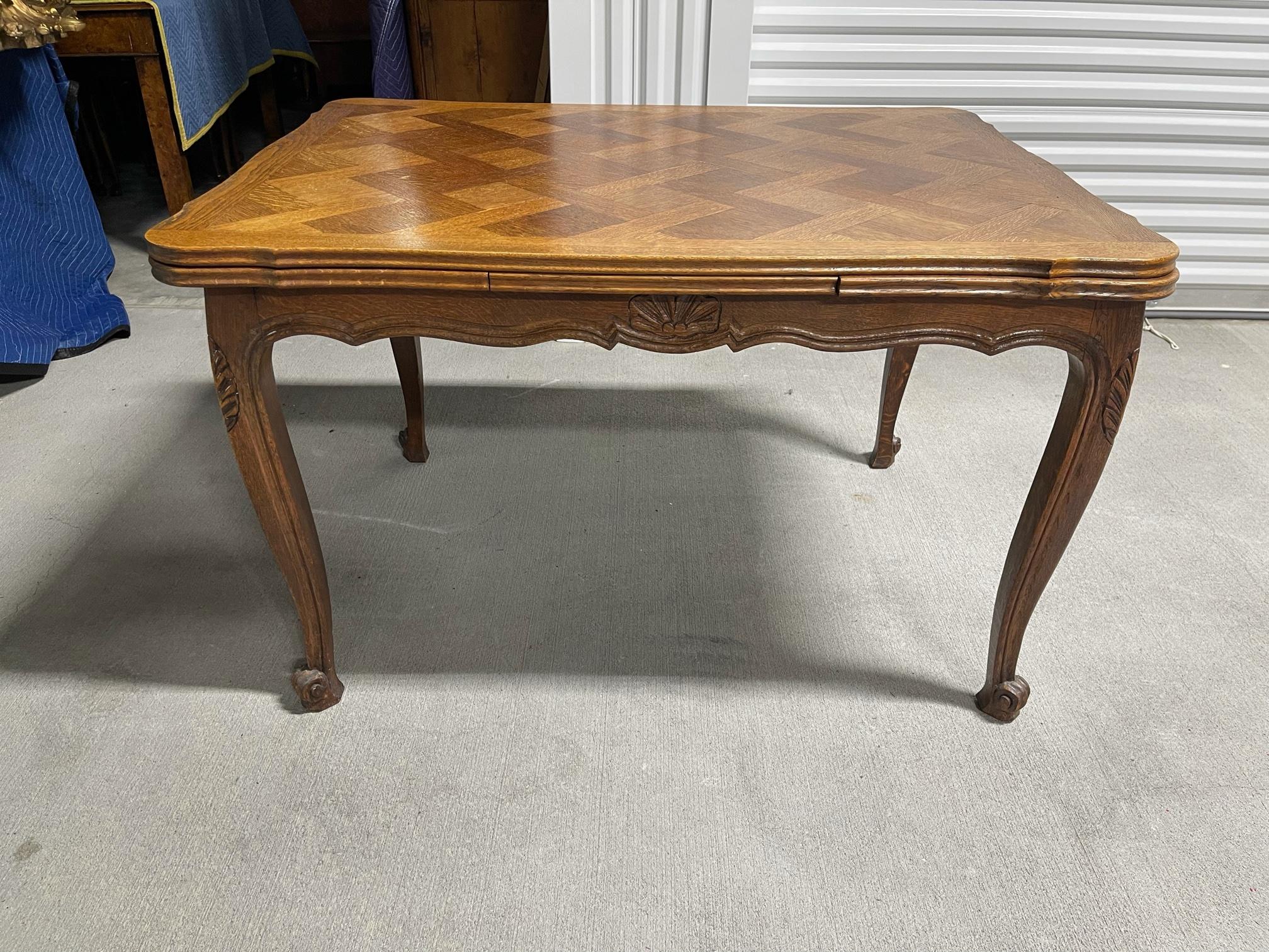 French Provincial Style Oak Parquet Top Draw Leaf Dining Table, 20th Century 8