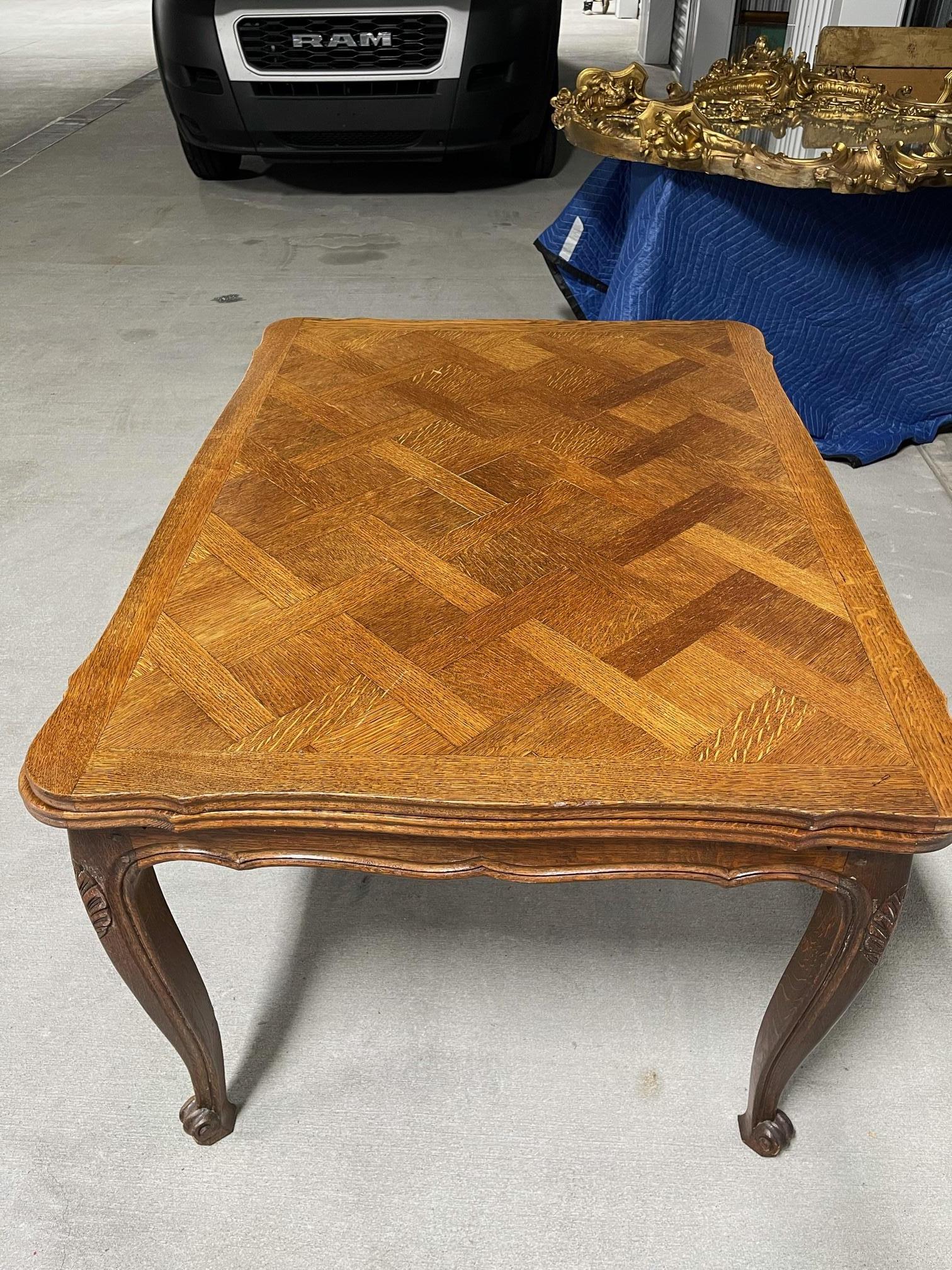 French Provincial Style Oak Parquet Top Draw Leaf Dining Table, 20th Century 11