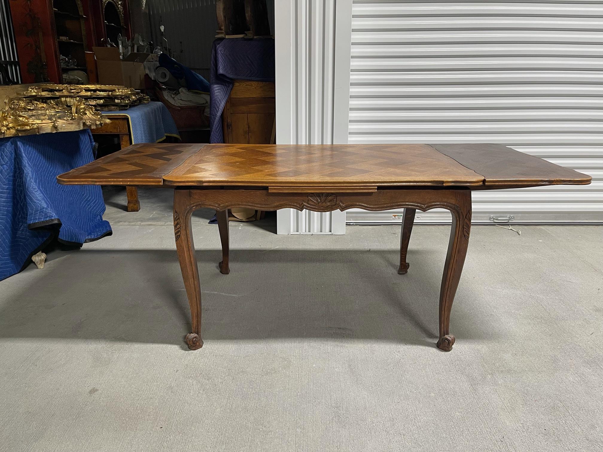 French Provincial Style Oak Parquet Top Draw Leaf Dining Table, 20th Century In Good Condition In Savannah, GA