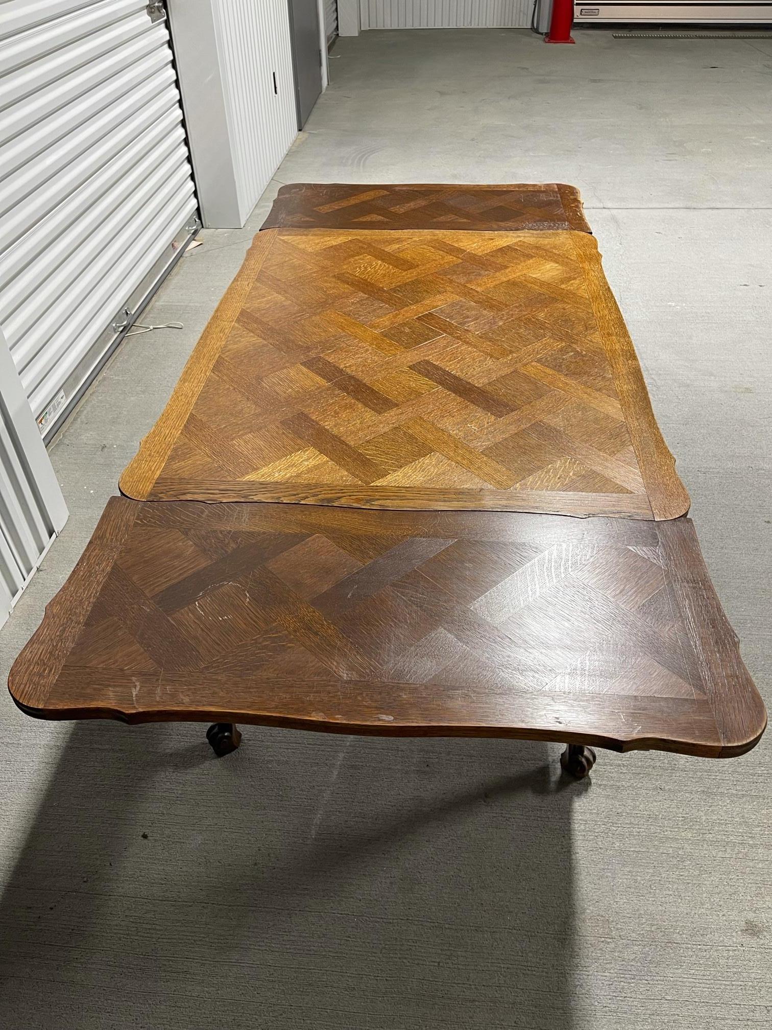 French Provincial Style Oak Parquet Top Draw Leaf Dining Table, 20th Century 3