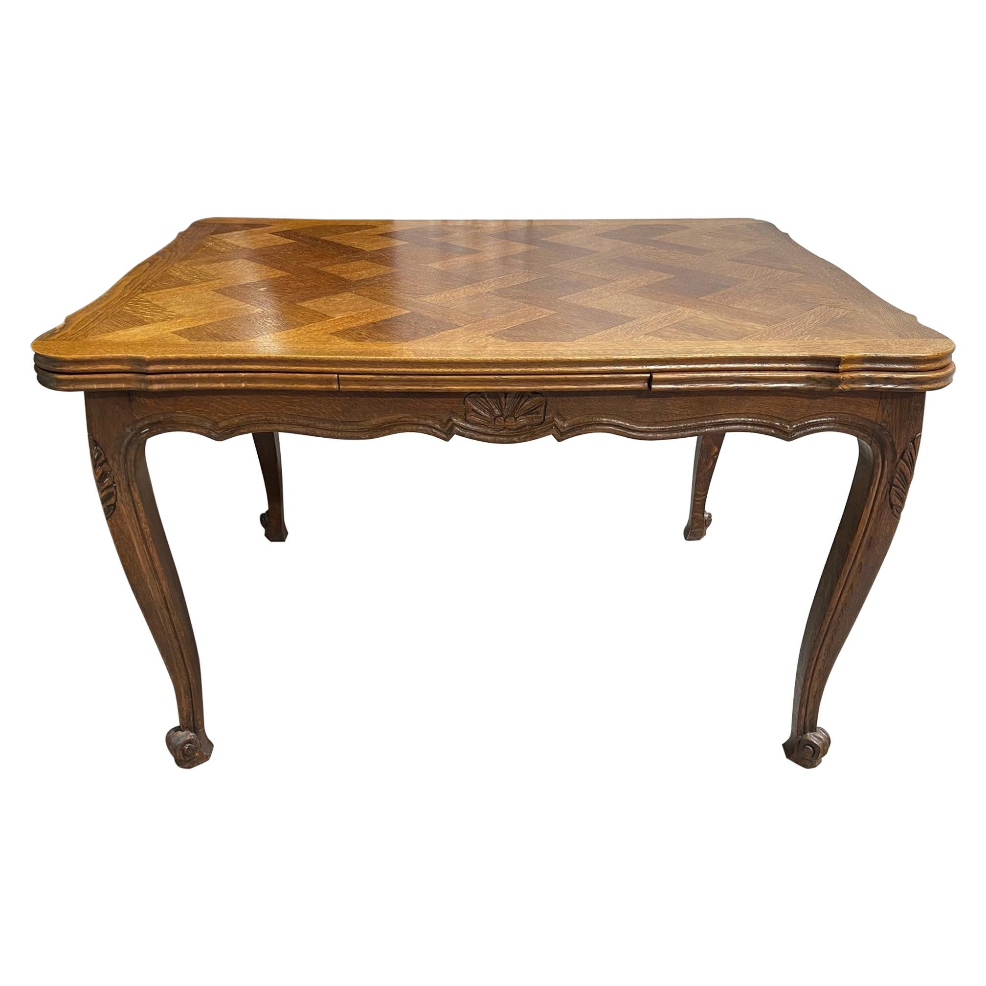French Provincial Style Oak Parquet Top Draw Leaf Dining Table, 20th Century