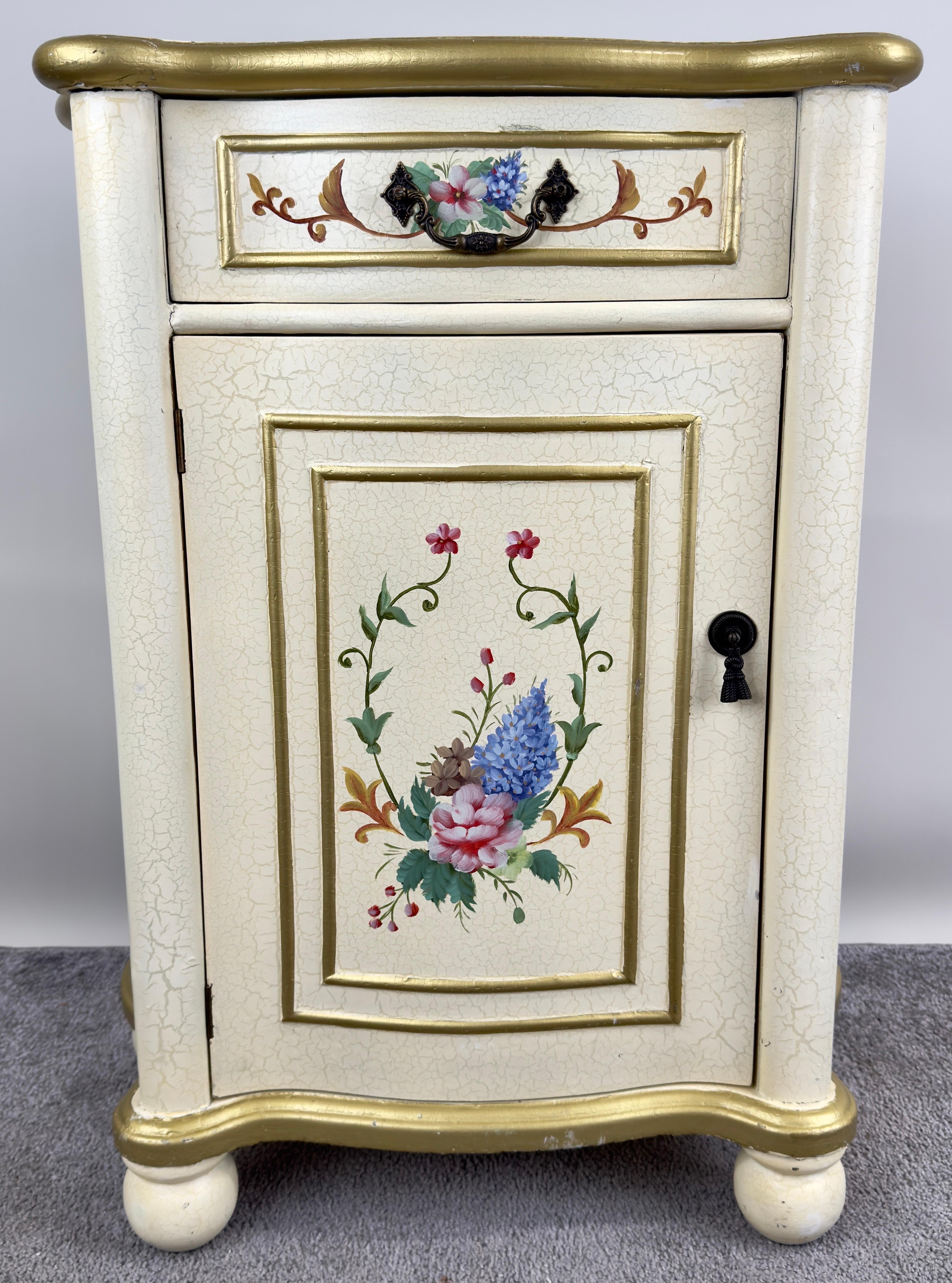 Hand-Carved French Provincial Style Off white Nightstand with Floral Motif For Sale
