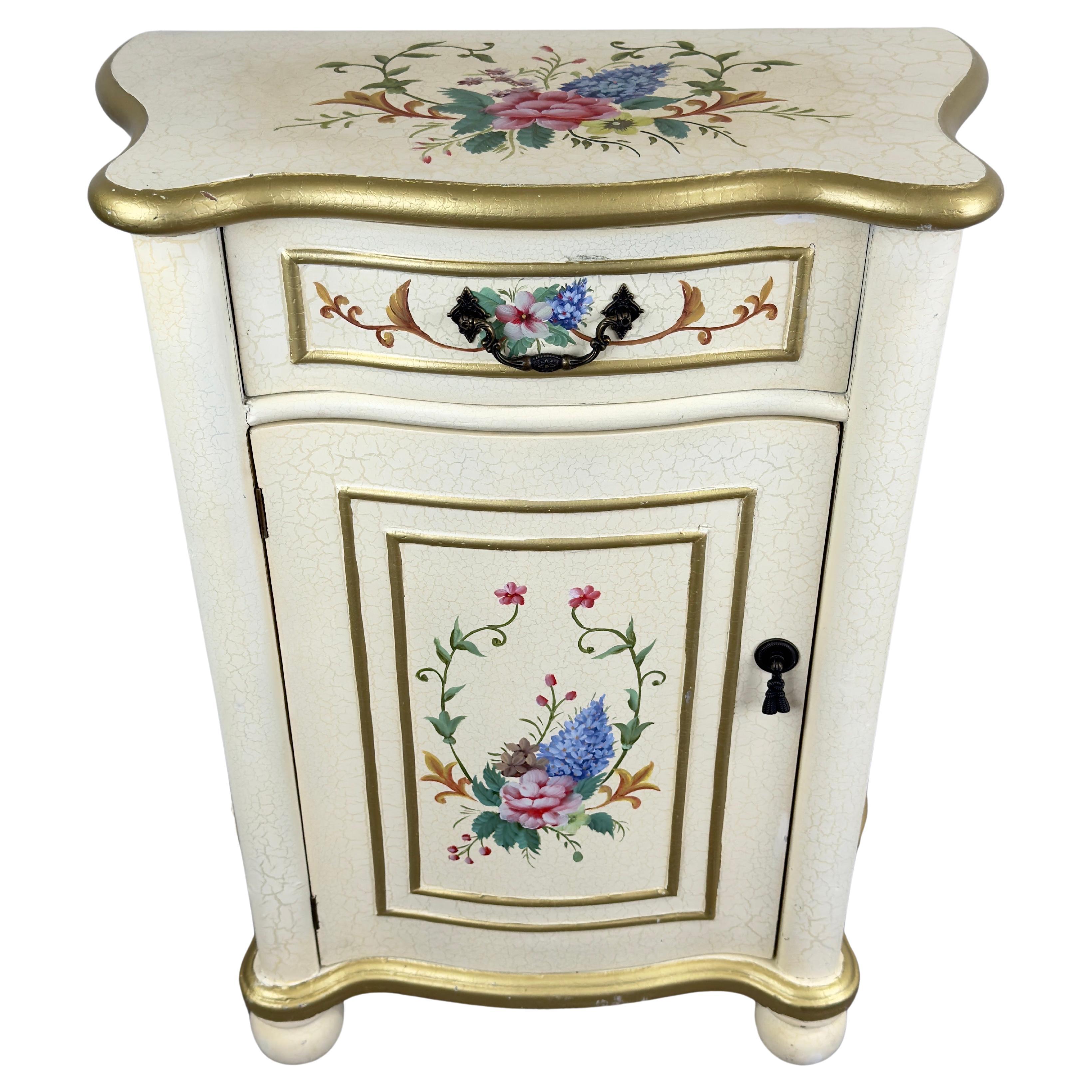 French Provincial Style Off white Nightstand with Floral Motif For Sale