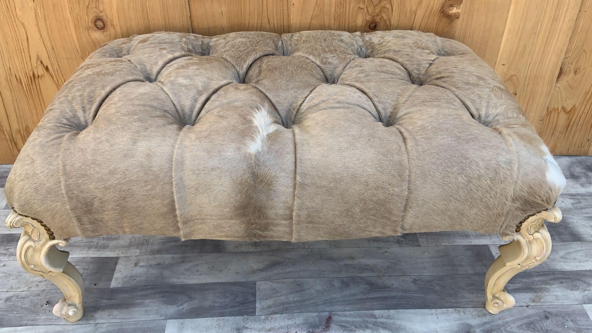French Provincial Style Ottoman with Hand Carved Cabriole Legs Newly Upholstered In Good Condition For Sale In Chicago, IL