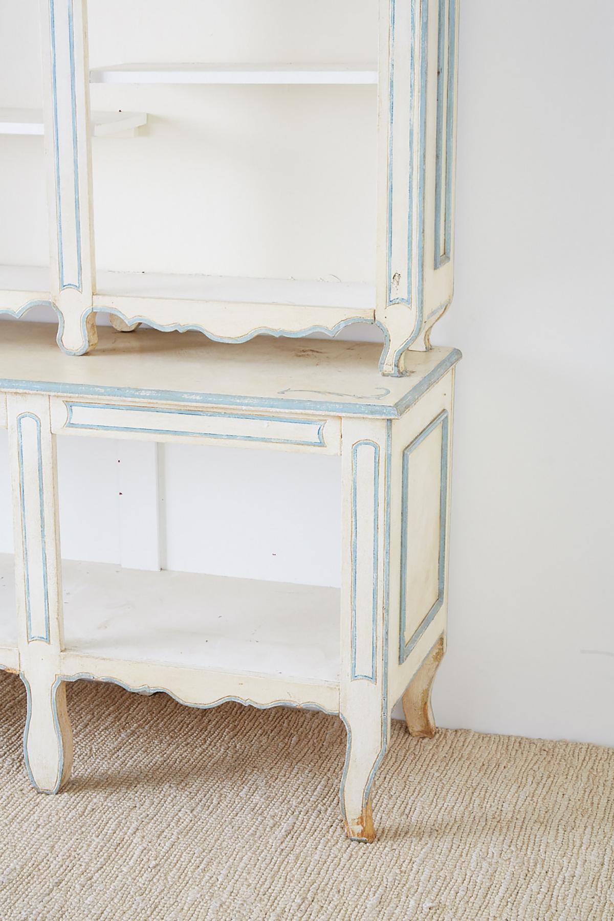 Hand-Crafted French Provincial Style Painted Open Shelf Cabinet Bookcase For Sale