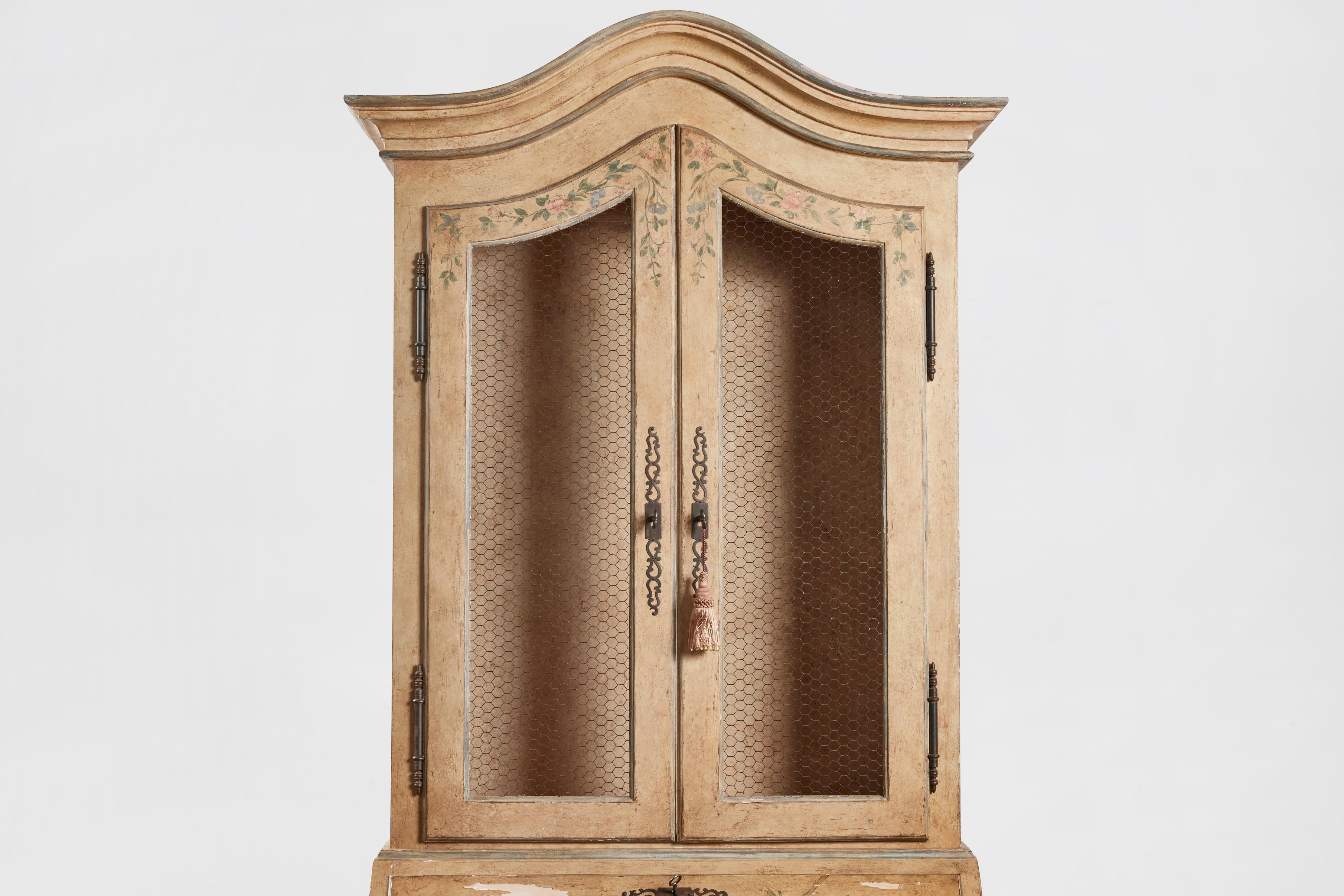 Late 20th Century French Provincial Style Floral Painted White Oak Secretaire  For Sale