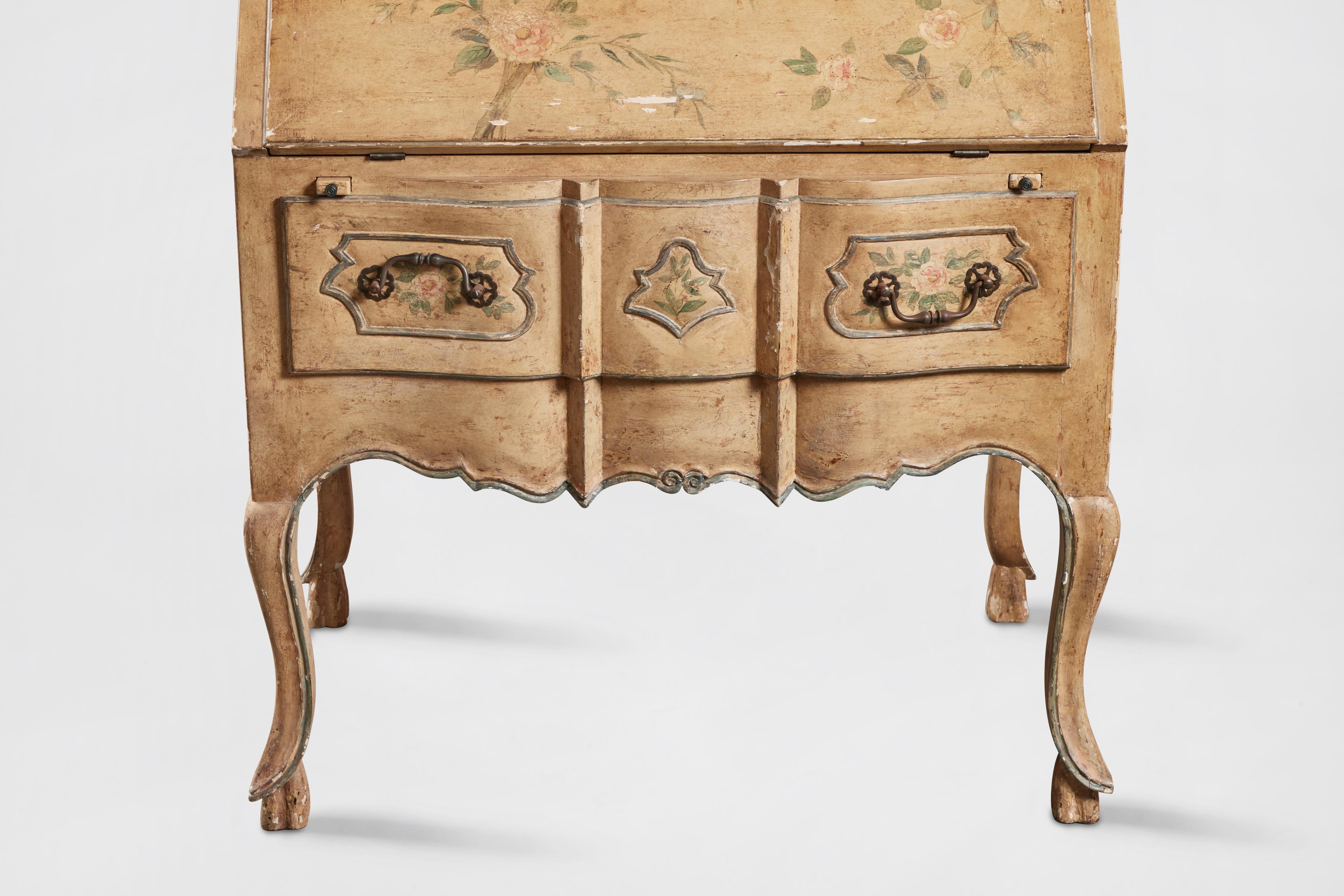 French Provincial Style Floral Painted White Oak Secretaire  For Sale 4
