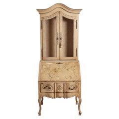 Used French Provincial Style Floral Painted White Oak Secretaire 