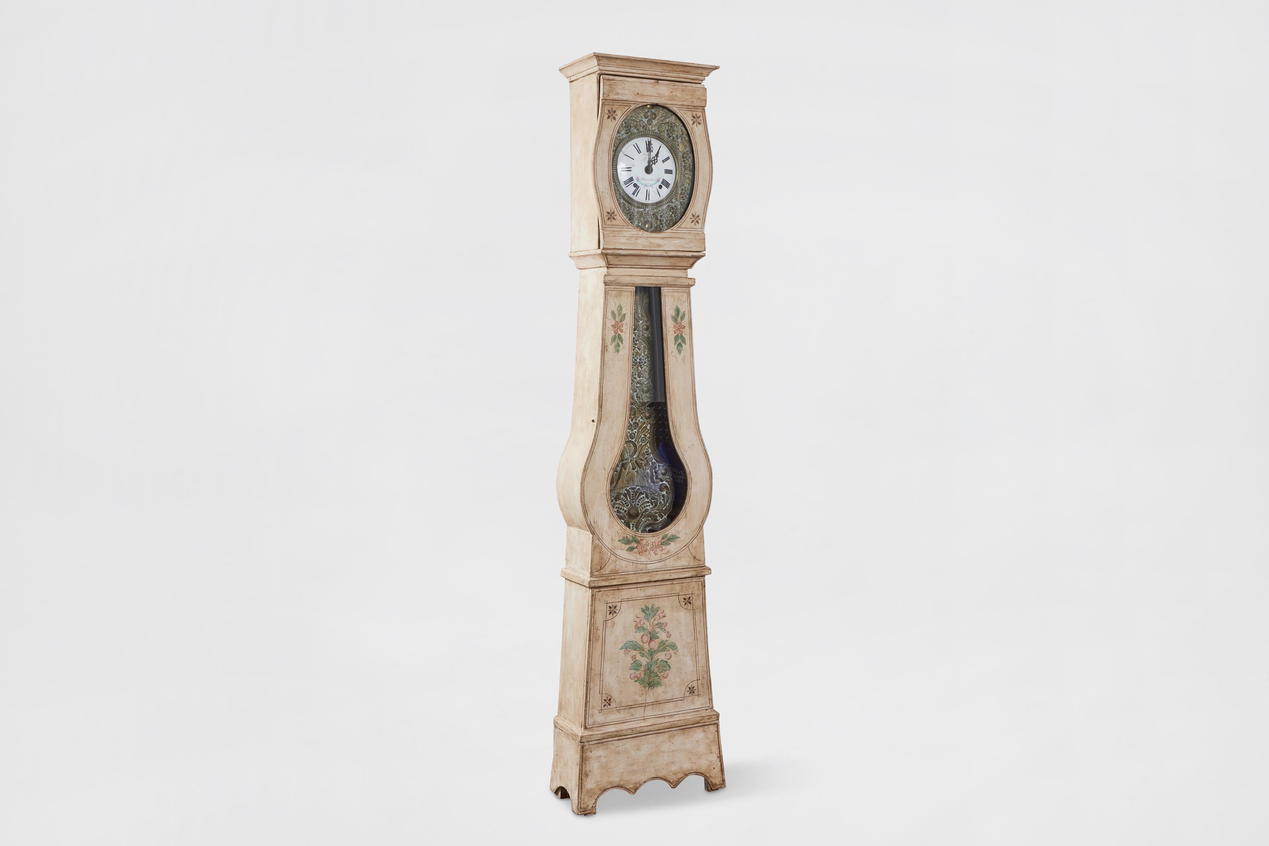 French Provincial Style Painted White Oak Grandfather Clock For Sale at