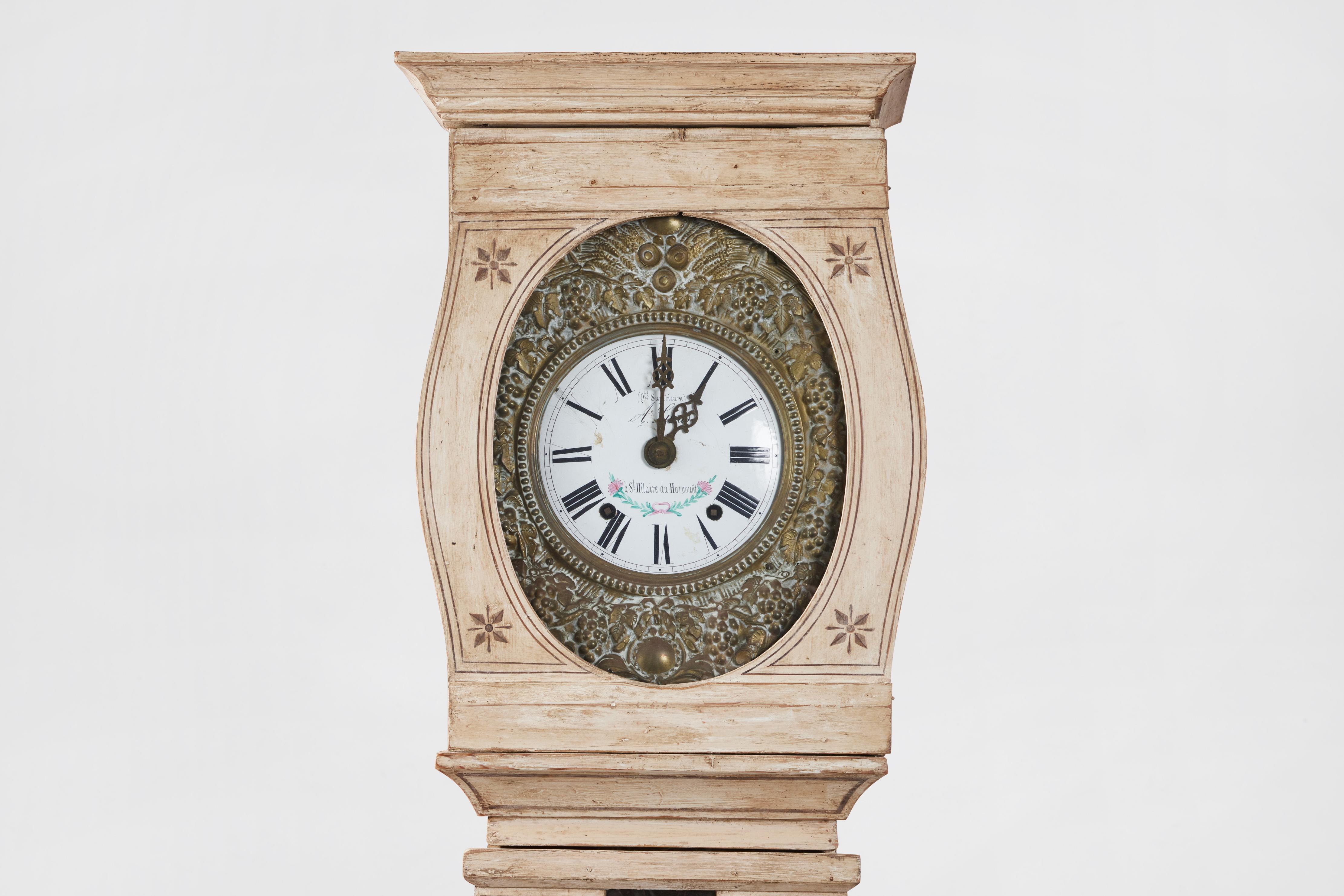 French Provincial Style Painted White Oak Grandfather Clock For Sale at