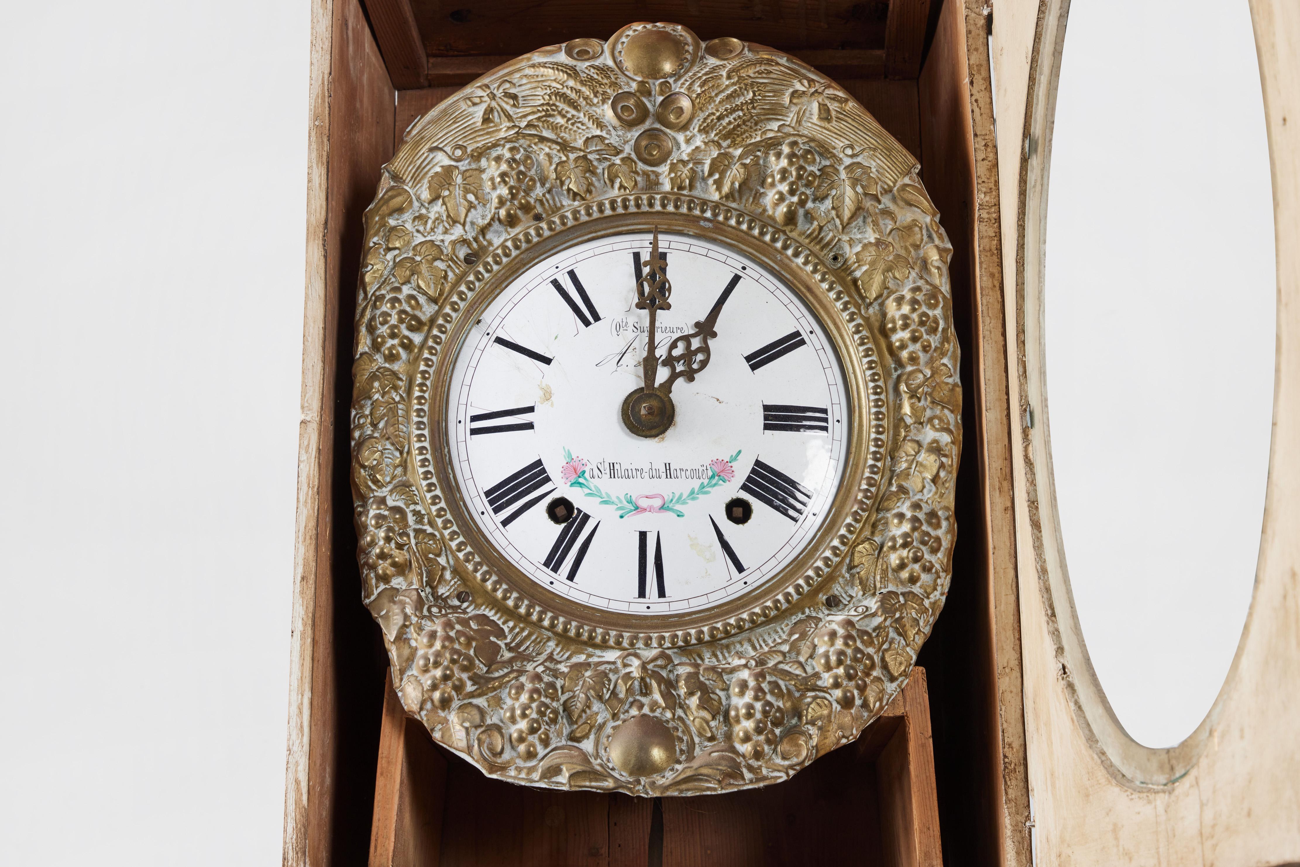 French Provincial Style Painted White Oak Grandfather Clock For Sale at