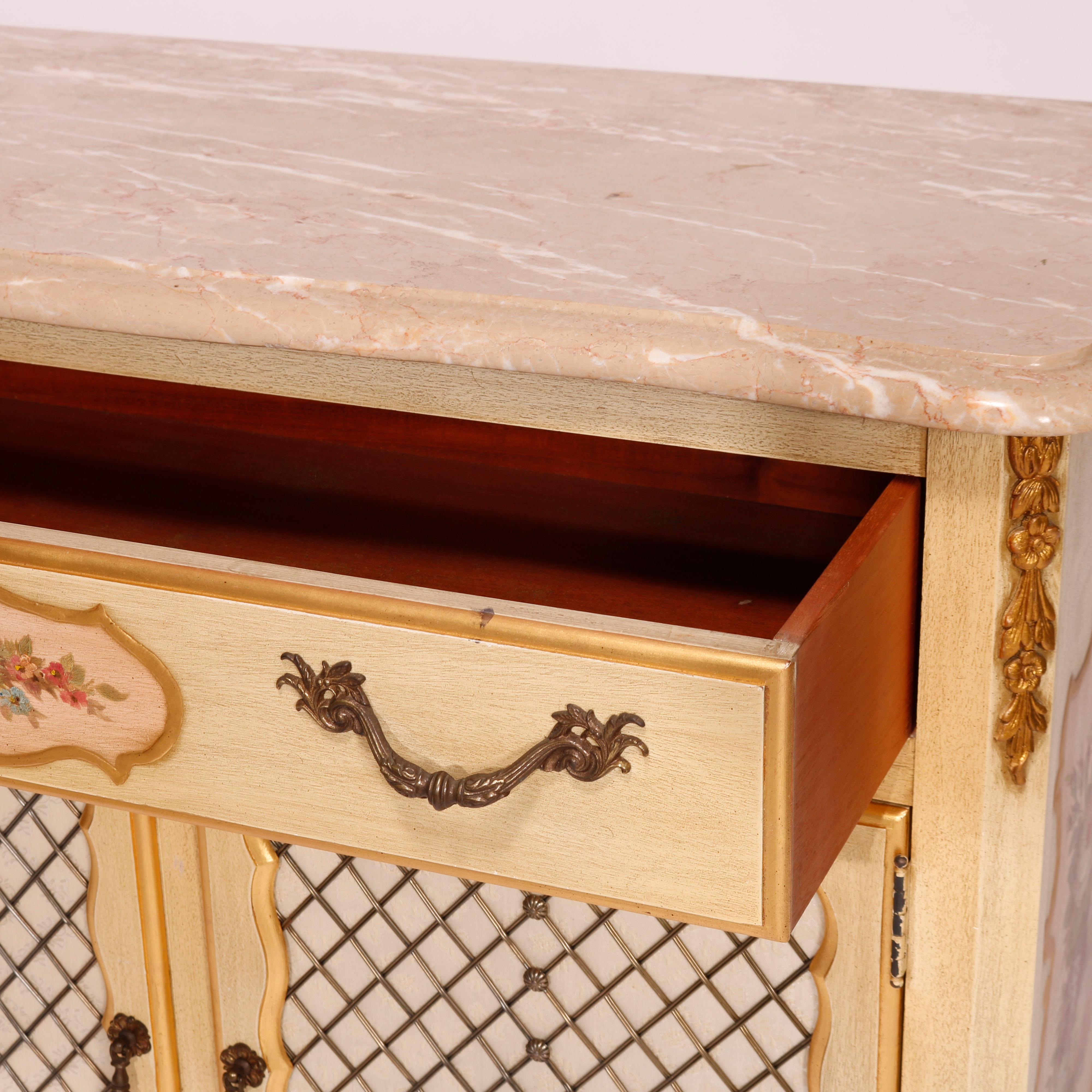 20th Century French Provincial Style Polychrome, Gilt &Marble Commode by Kozak Studios 20th C For Sale