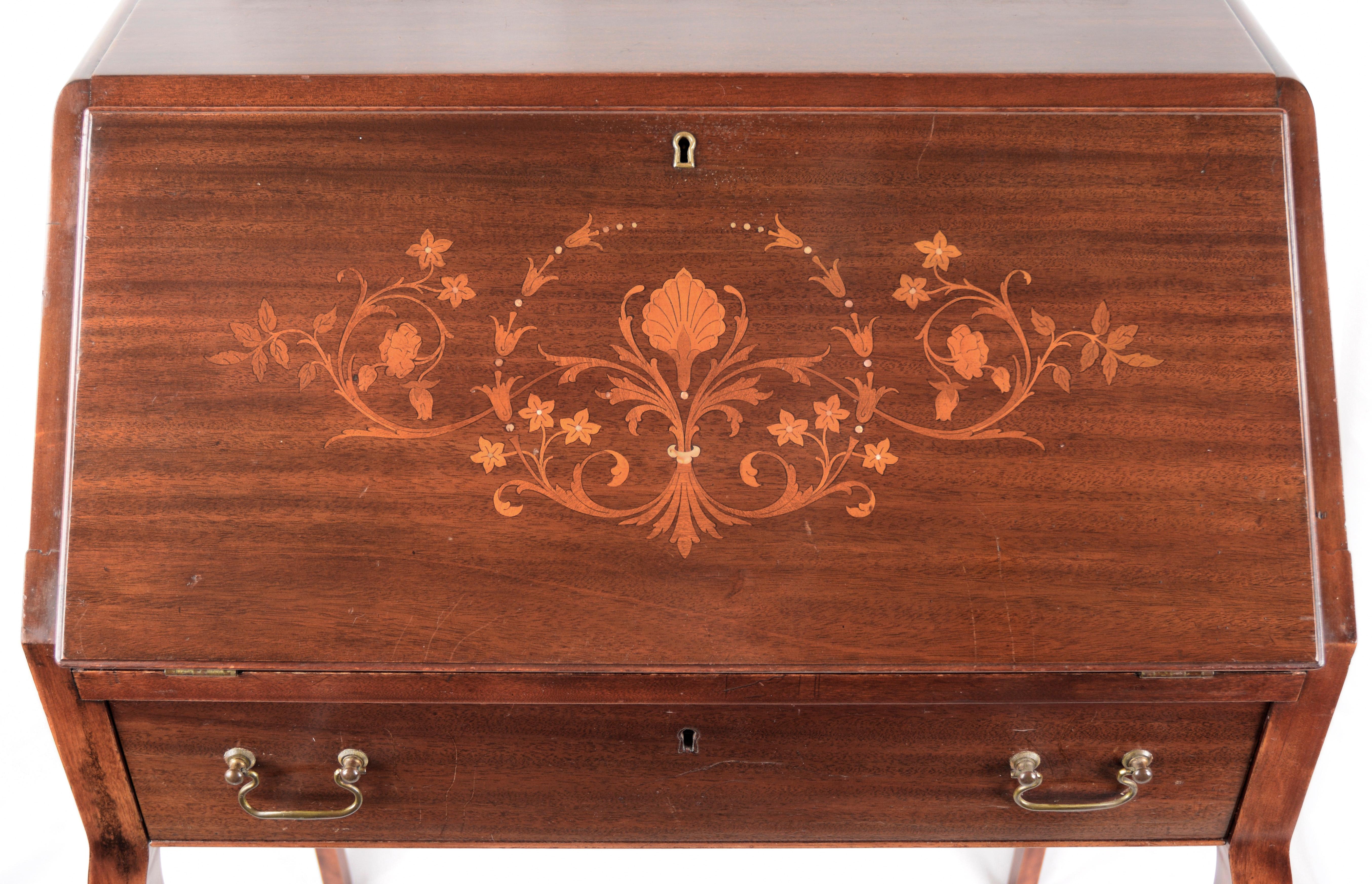 French Provincial Style Walnut Secretary Desk with Marquetry Inlays and Key. Original Finish.

