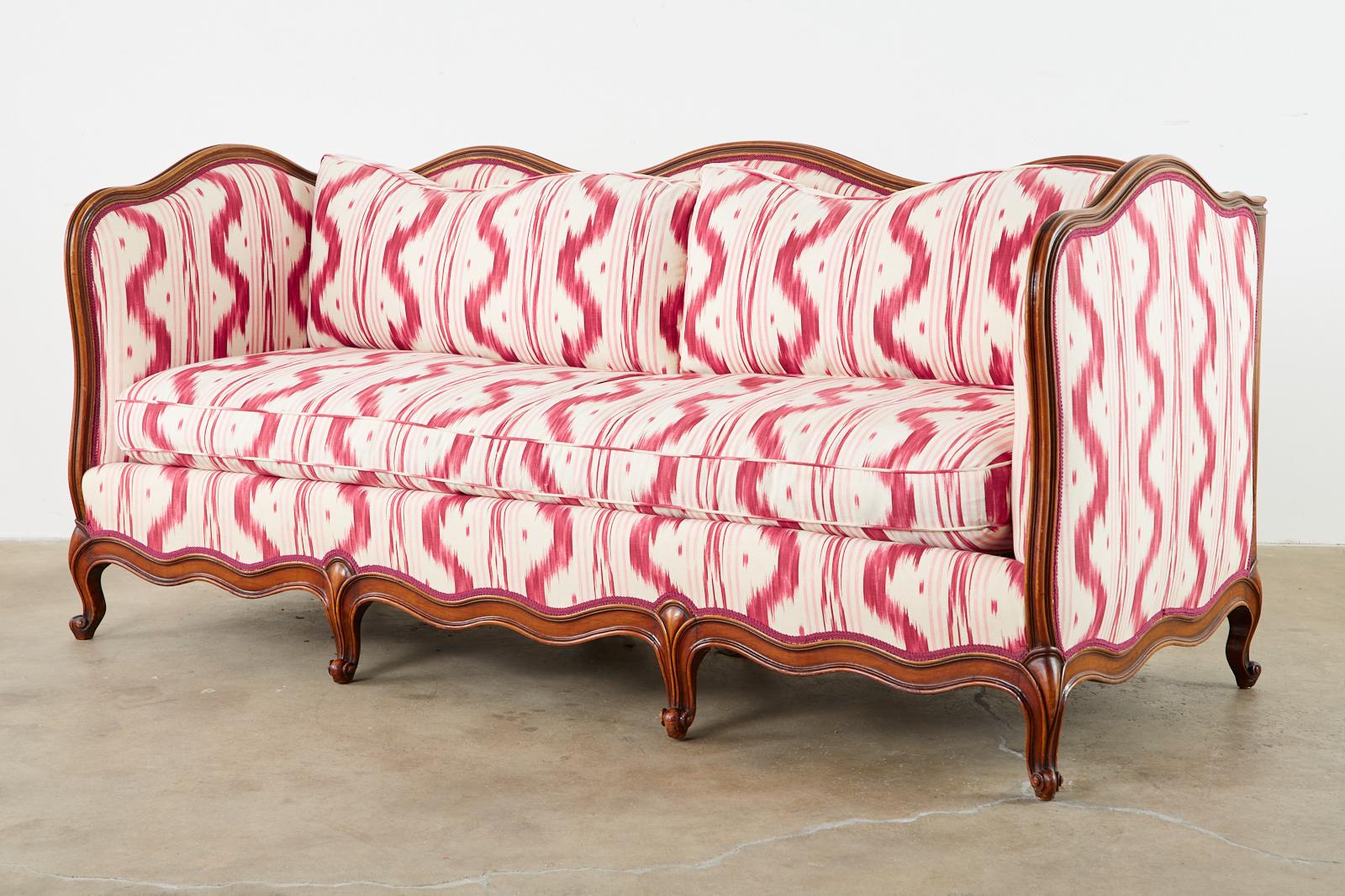 Hand-Crafted French Provincial Serpentine Canape Settee Pierre Frey Toile Ikat