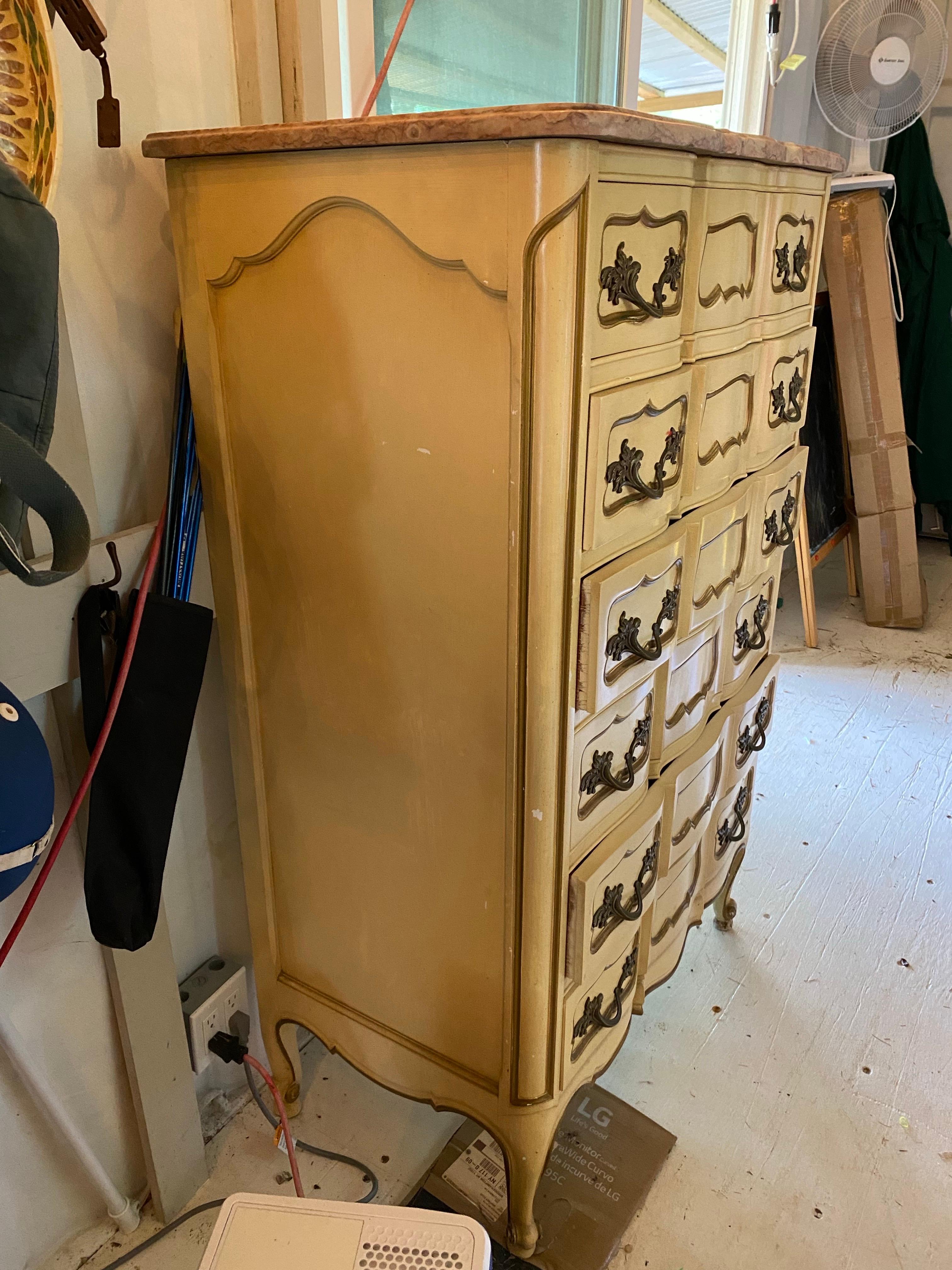 Painted French Provincial Style Tallboy Dresser with Marble Top, 20th Century For Sale
