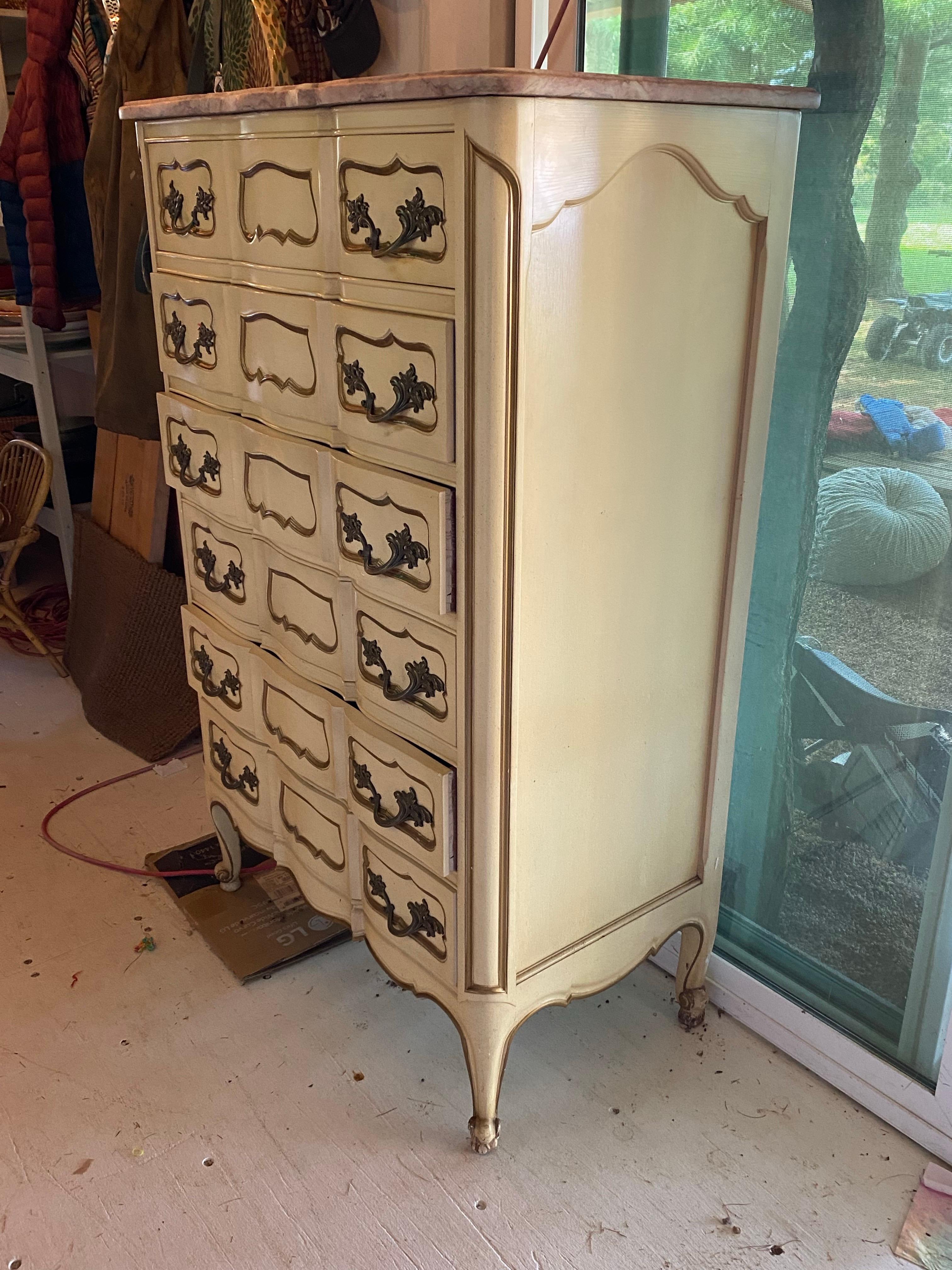 French Provincial Style Tallboy Dresser with Marble Top, 20th Century In Good Condition For Sale In Southampton, NY