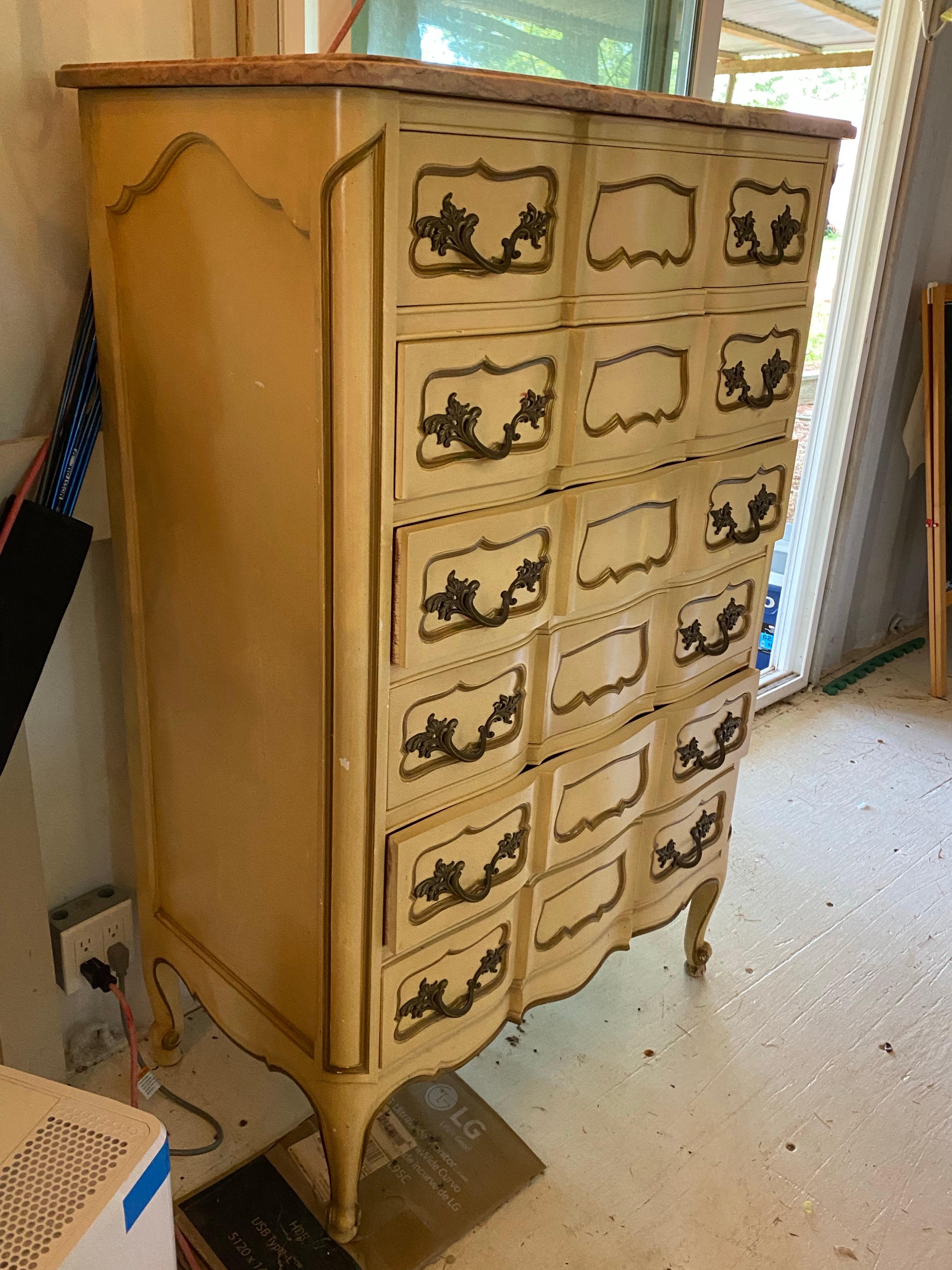 Wood French Provincial Style Tallboy Dresser with Marble Top, 20th Century For Sale