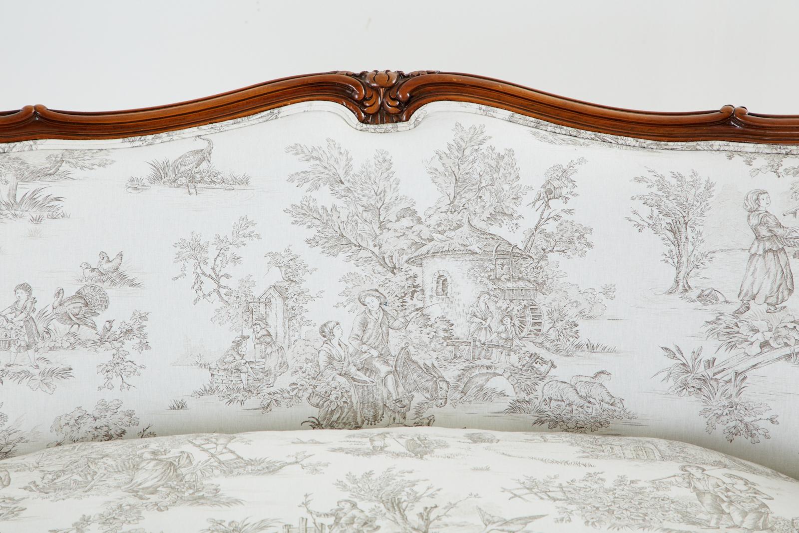 French Provincial Style Walnut Toile De Jouy Settee 2