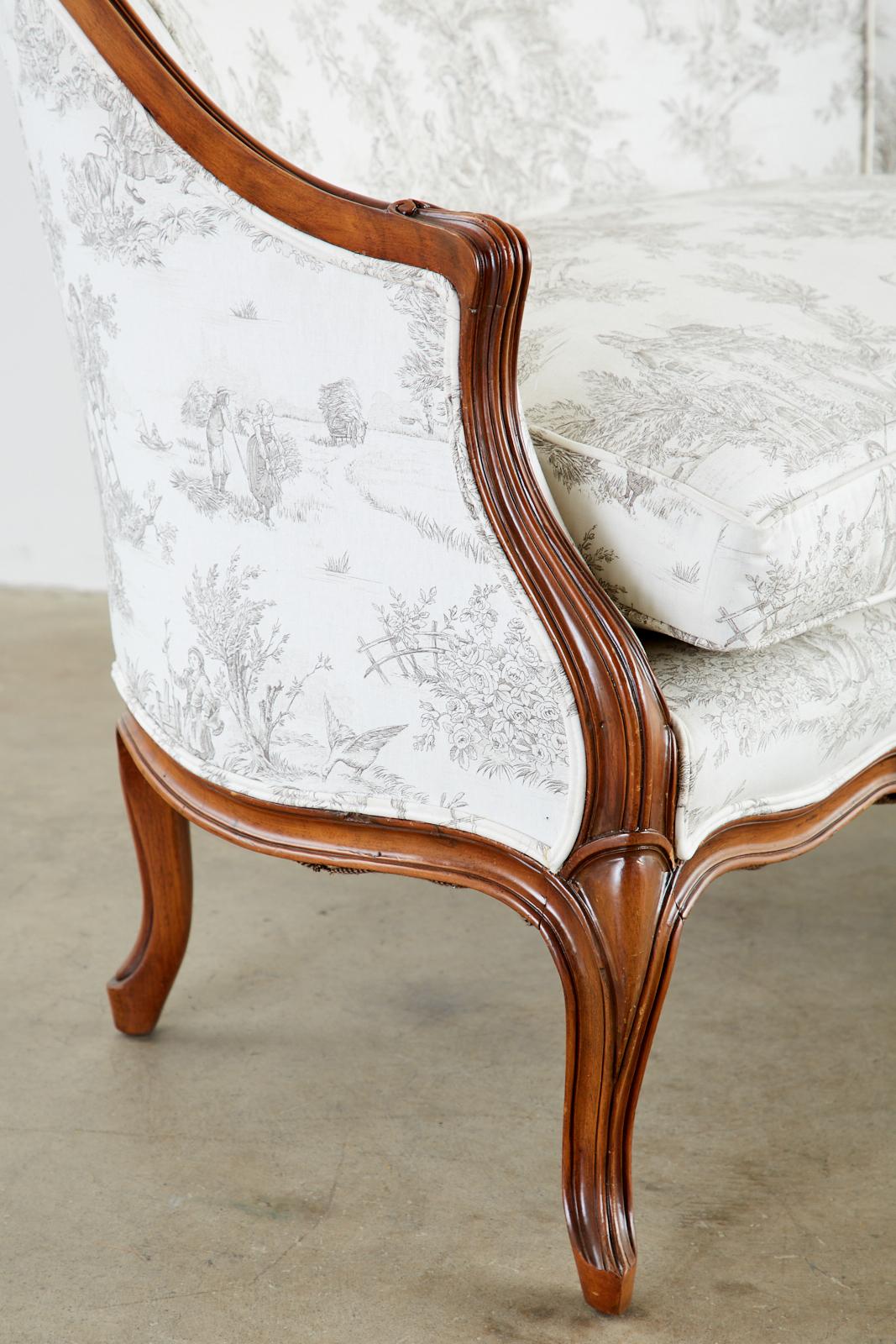 Hand-Crafted French Provincial Style Walnut Toile De Jouy Settee
