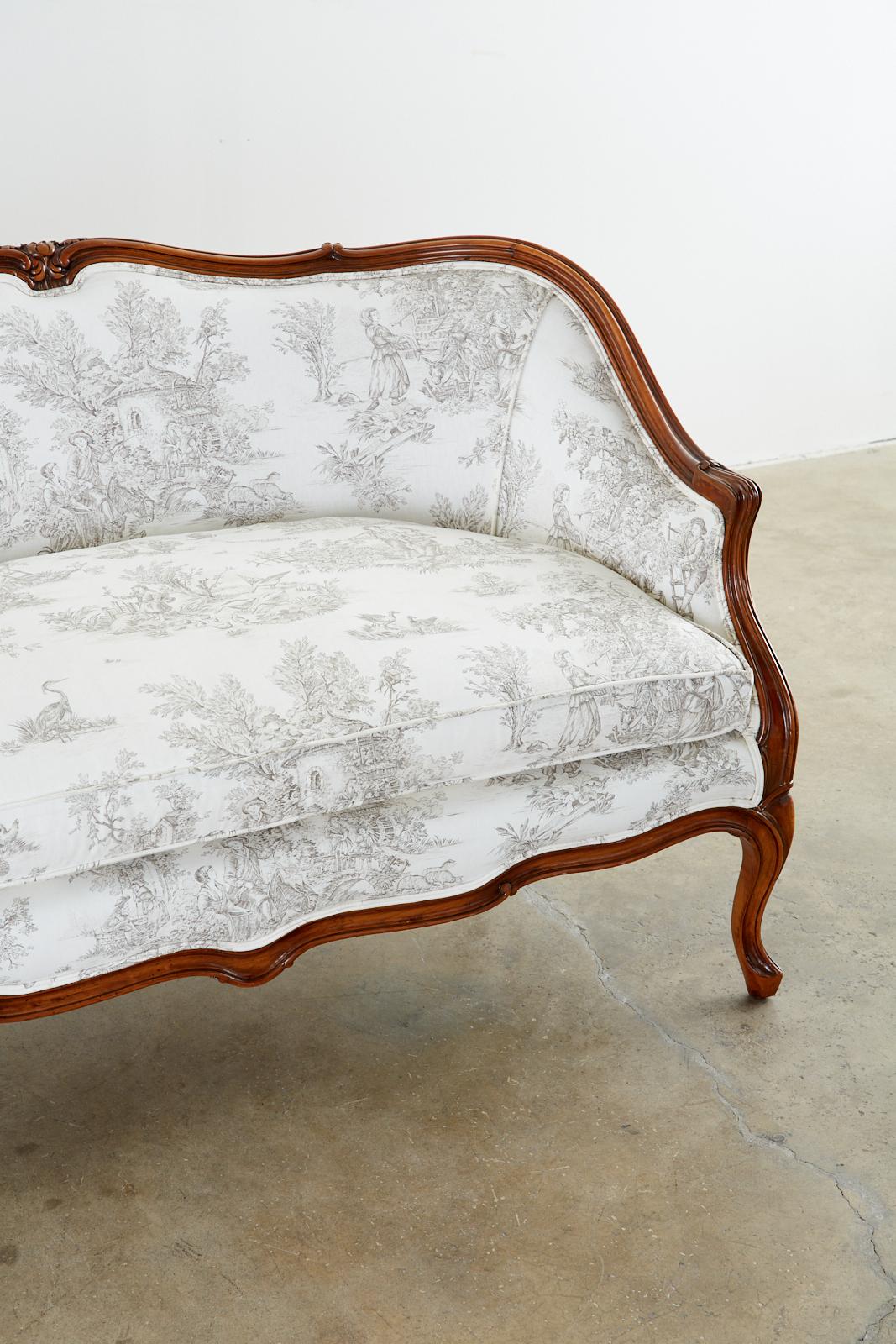 Fabric French Provincial Style Walnut Toile De Jouy Settee