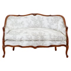 Vintage French Provincial Style Walnut Toile De Jouy Settee