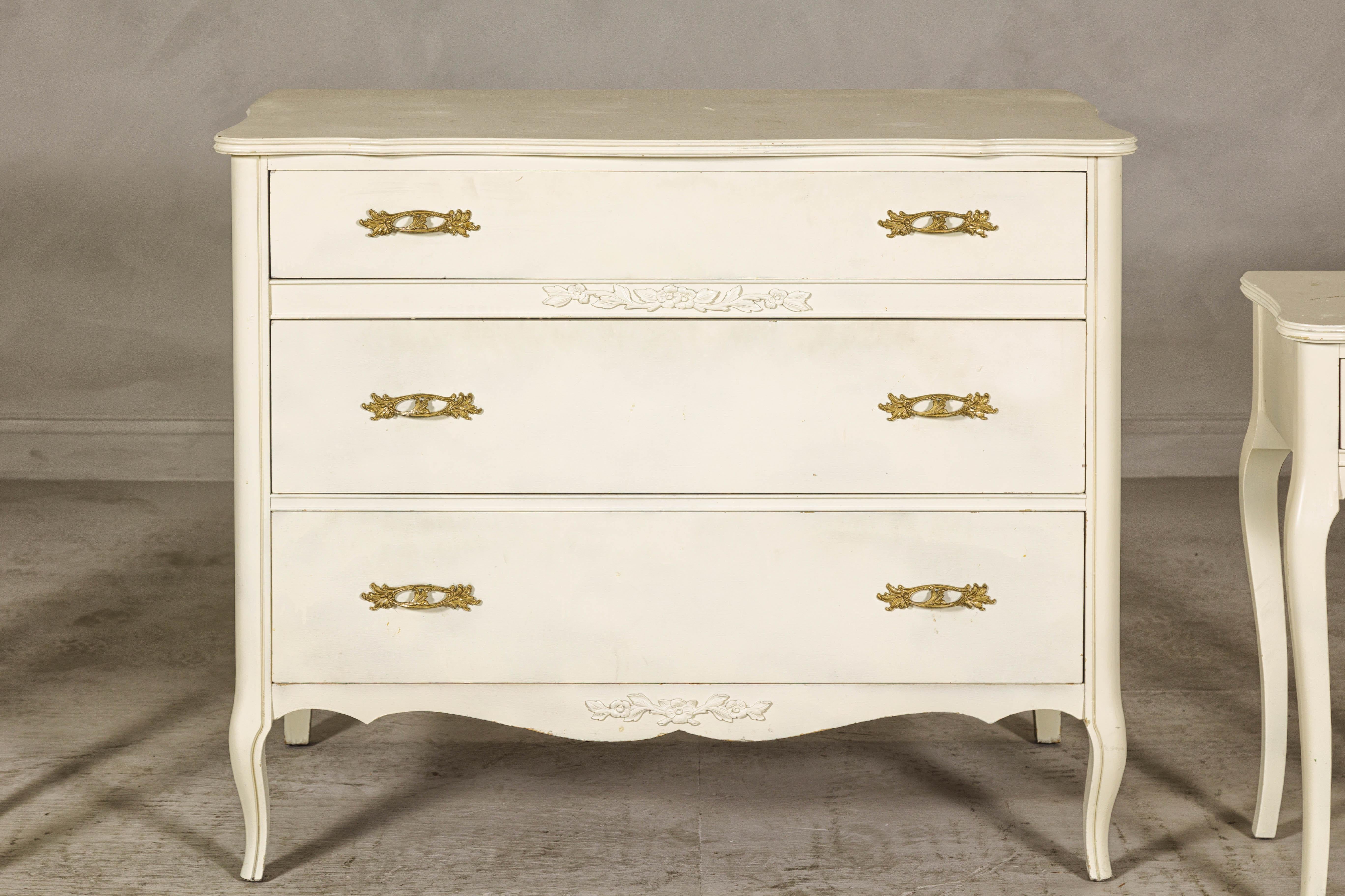 Carved French Provincial Style West Michigan Company Cream Dresser and Nightstands Set For Sale
