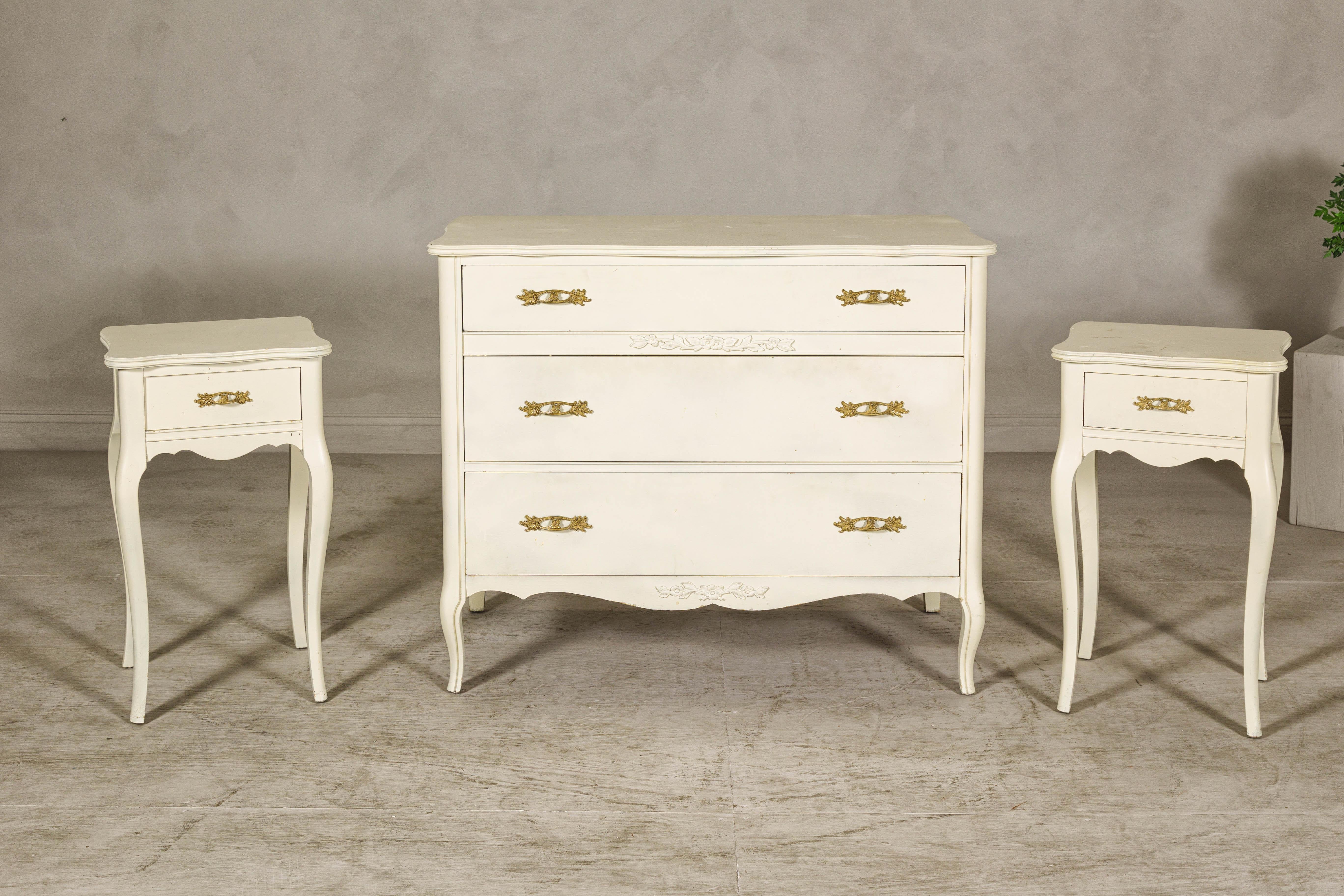 Wood French Provincial Style West Michigan Company Cream Dresser and Nightstands Set For Sale