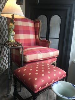 French Provincial Style Wingback Chair with Barley Twist Stool Newly Upholstered