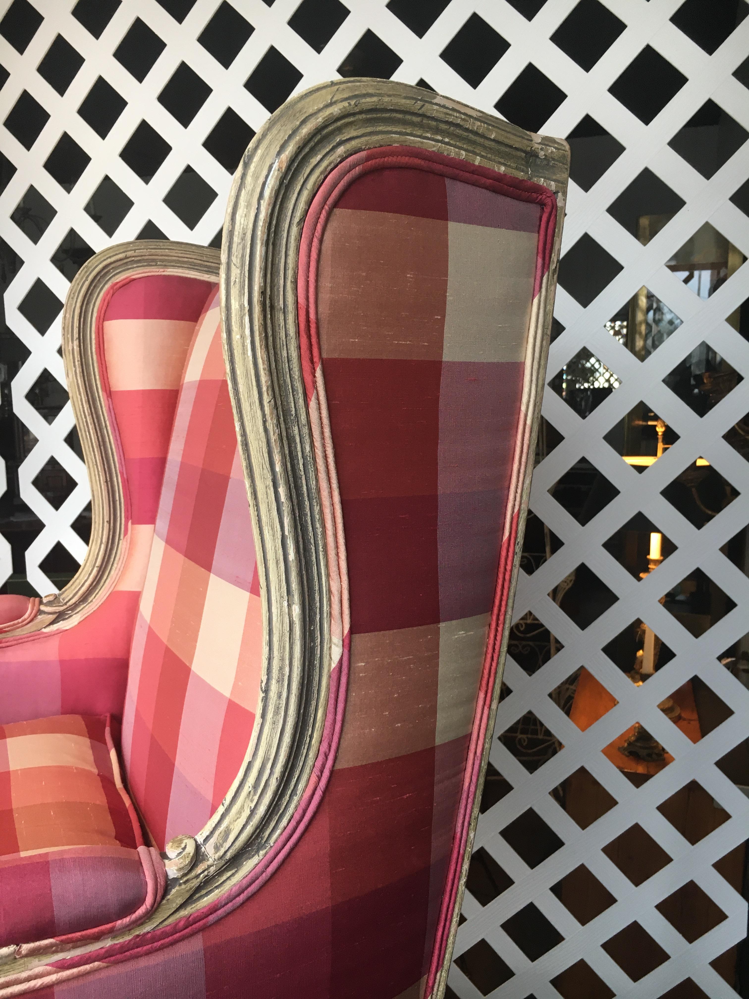 French Provincial Style Wingback Chair with Barley Twist Stool Newly Upholstered In Excellent Condition In Buchanan, MI