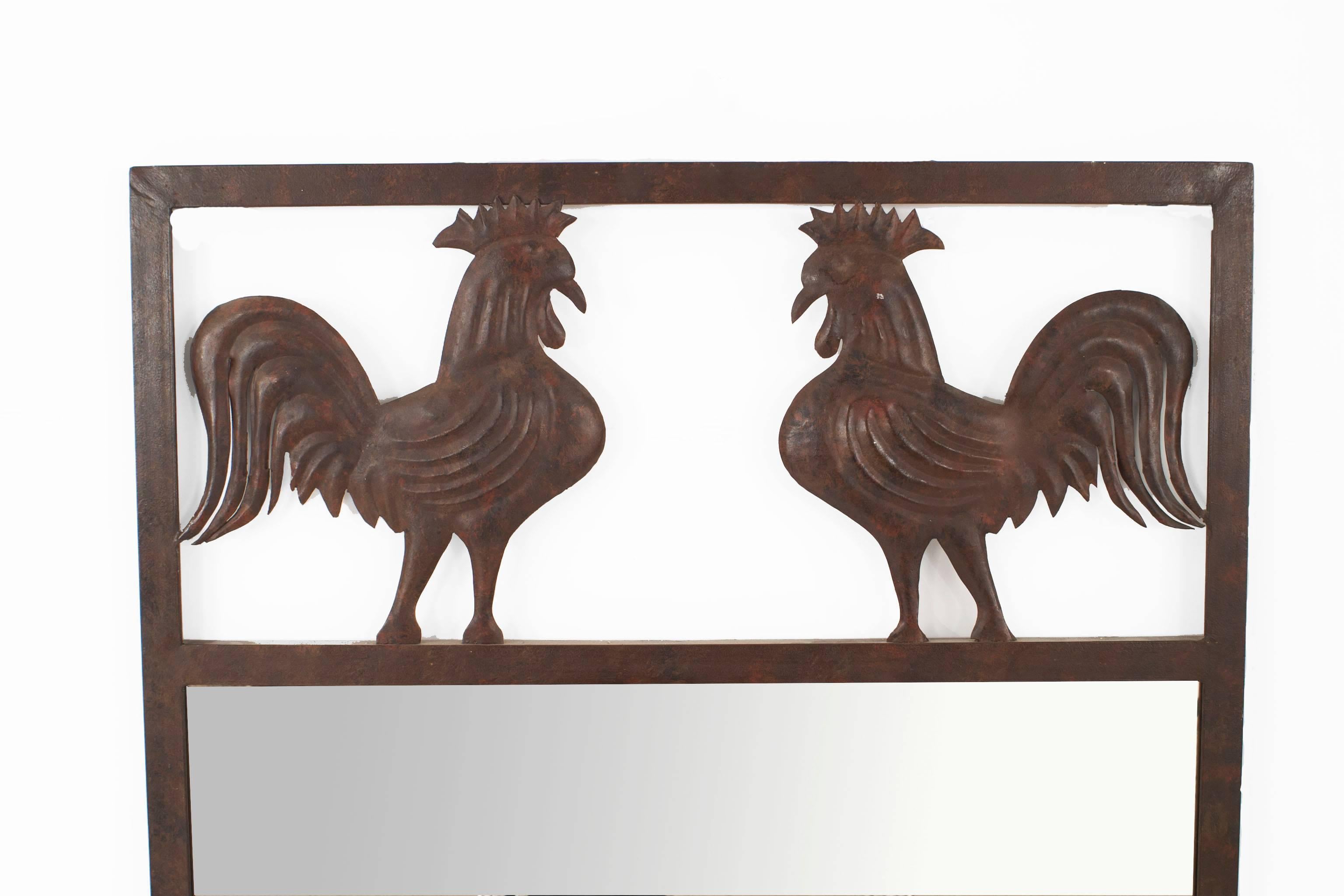 French Provincial style (20th Century) wrought iron wall mirror with decorative rooster top border.
