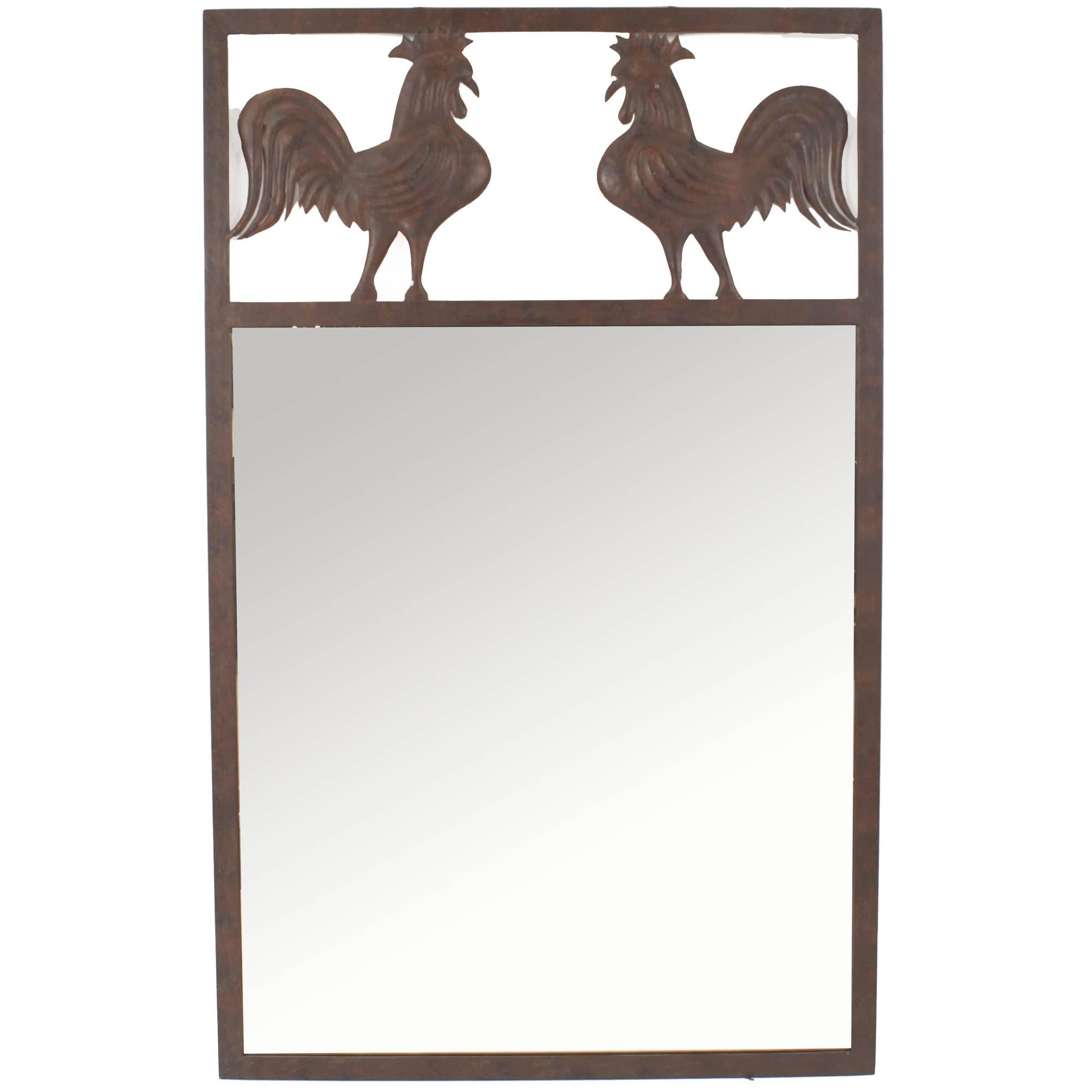French Provincial Wrought Iron Rooster Wall Mirror For Sale