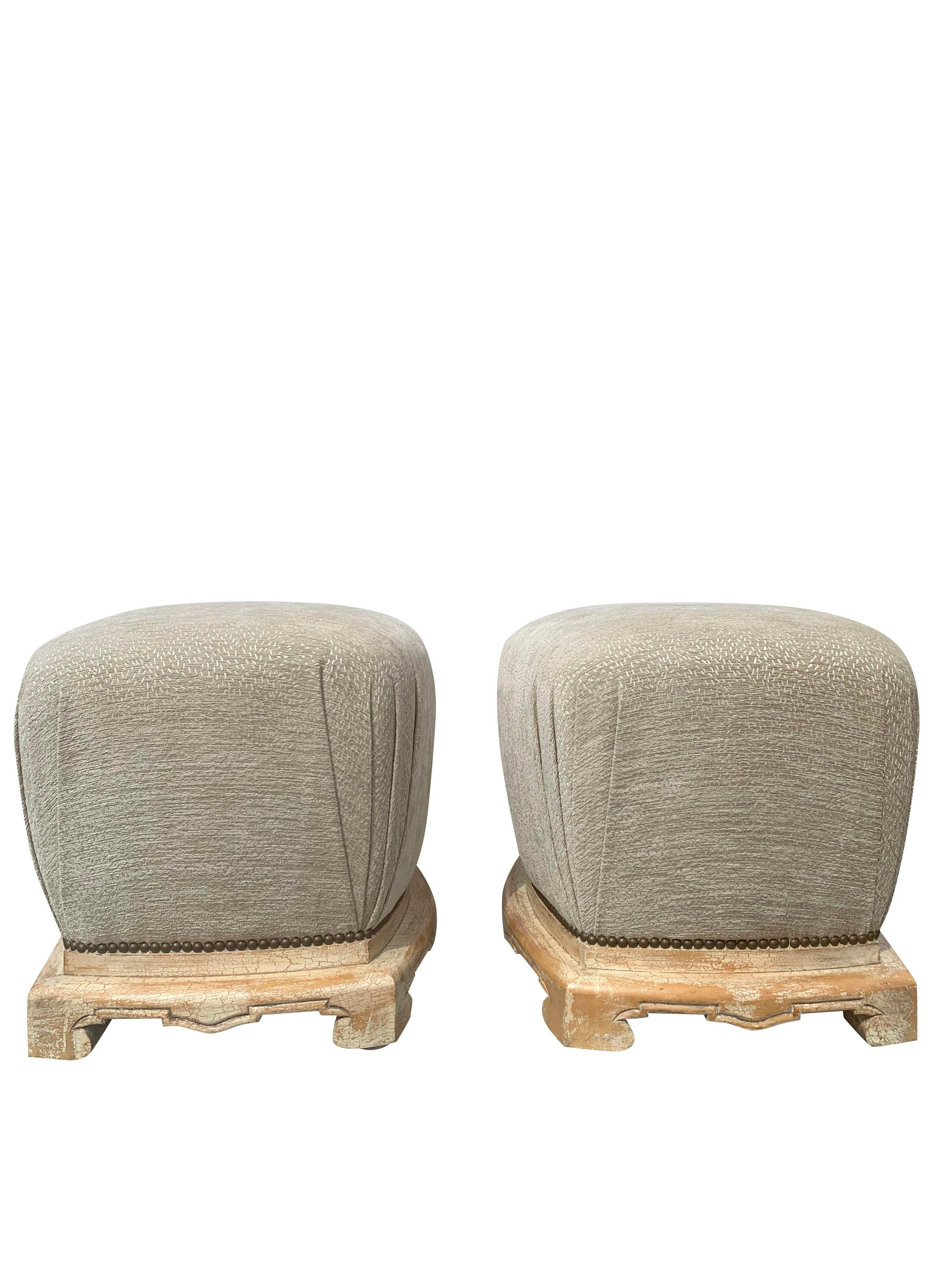 French Provincial Sue Et Mare Style Poufs or Ottomans - a Pair In Good Condition For Sale In Saddle River, NJ