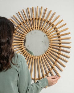 French Provincial Sunburst Mirror, Bamboo and Glass, 1960s, France