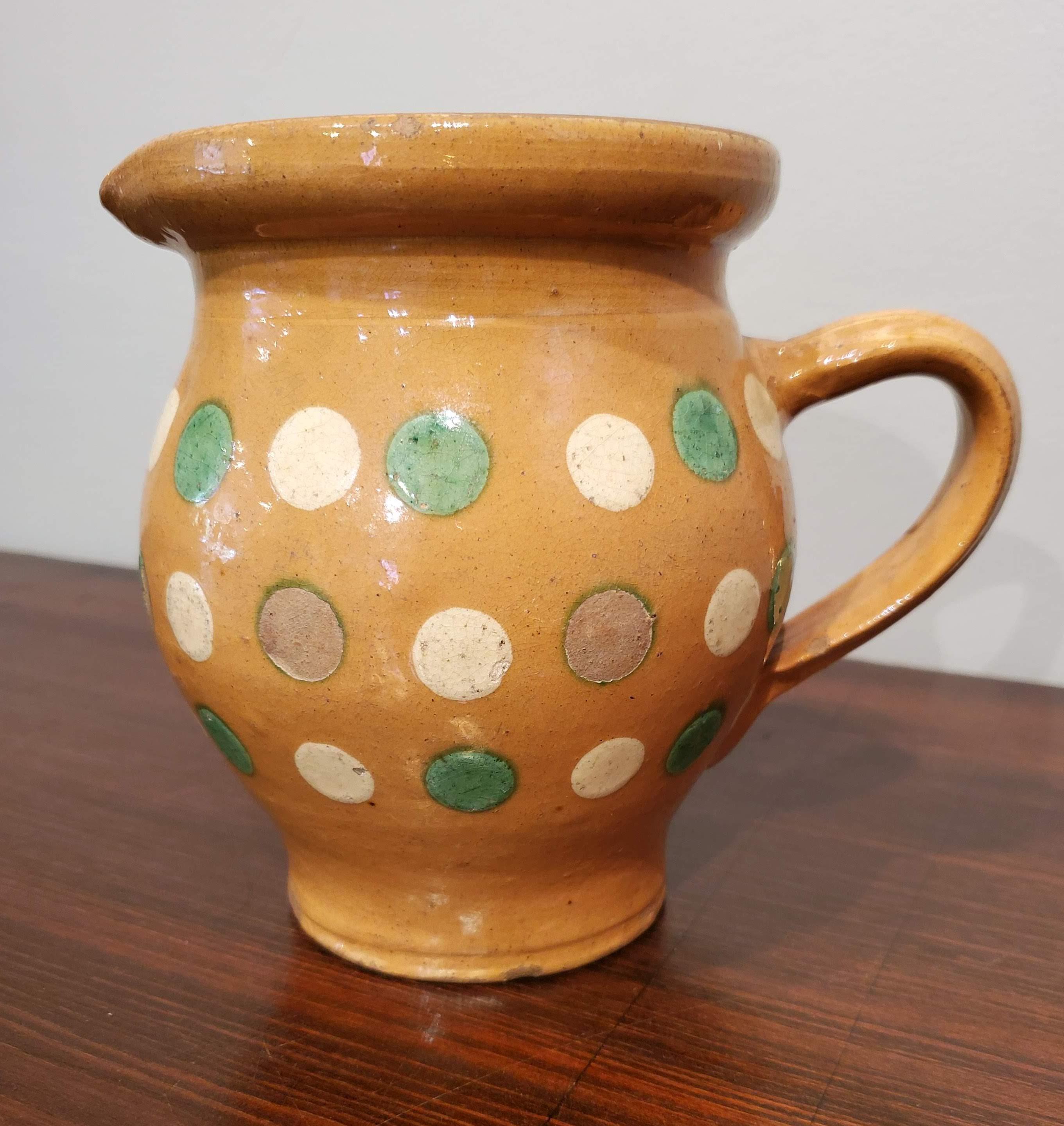 French Provincial Terracotta Milk Pitcher with Green and Cream Polka Dots In Good Condition In Middleburg, VA