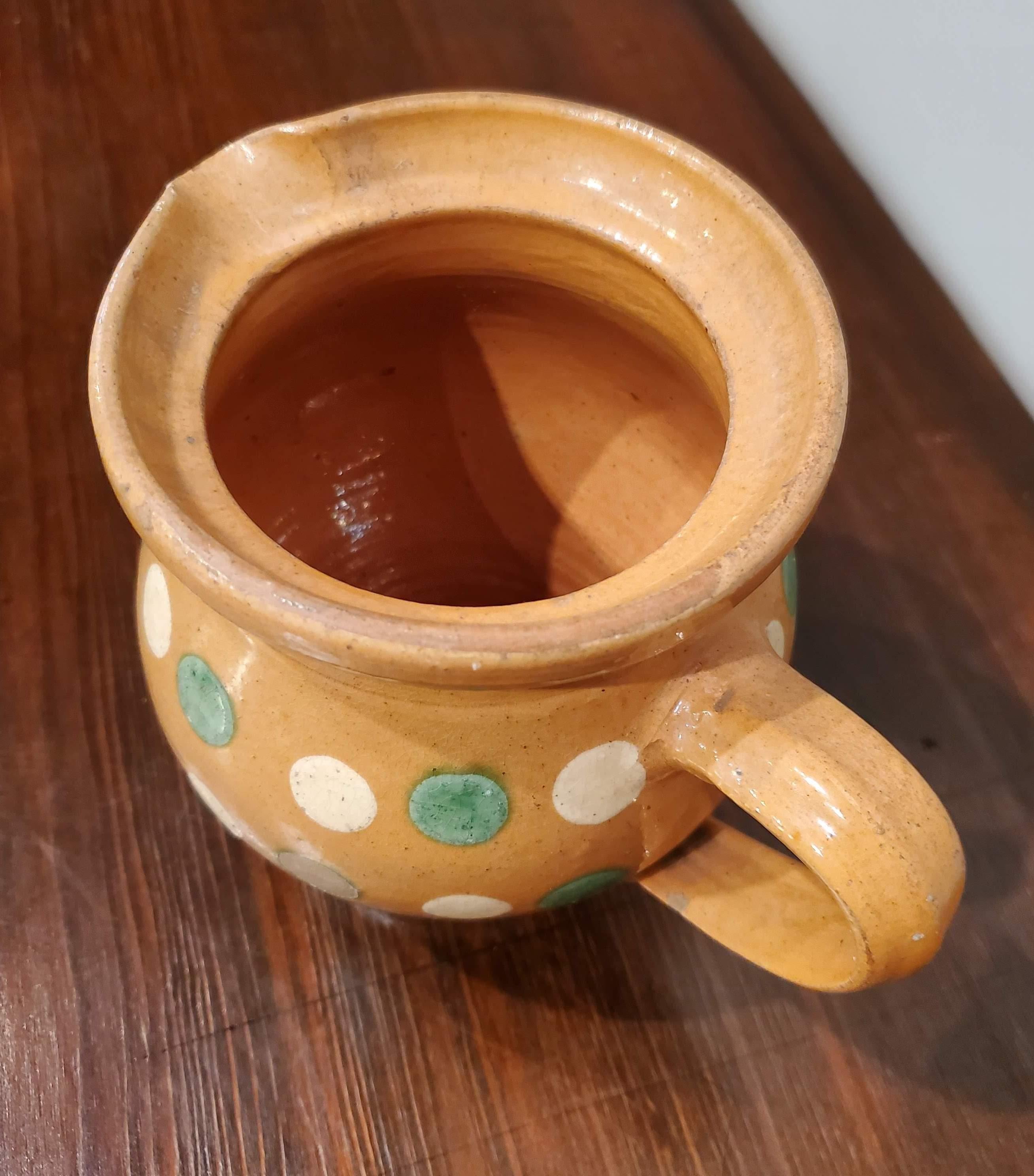 19th Century French Provincial Terracotta Milk Pitcher with Green and Cream Polka Dots